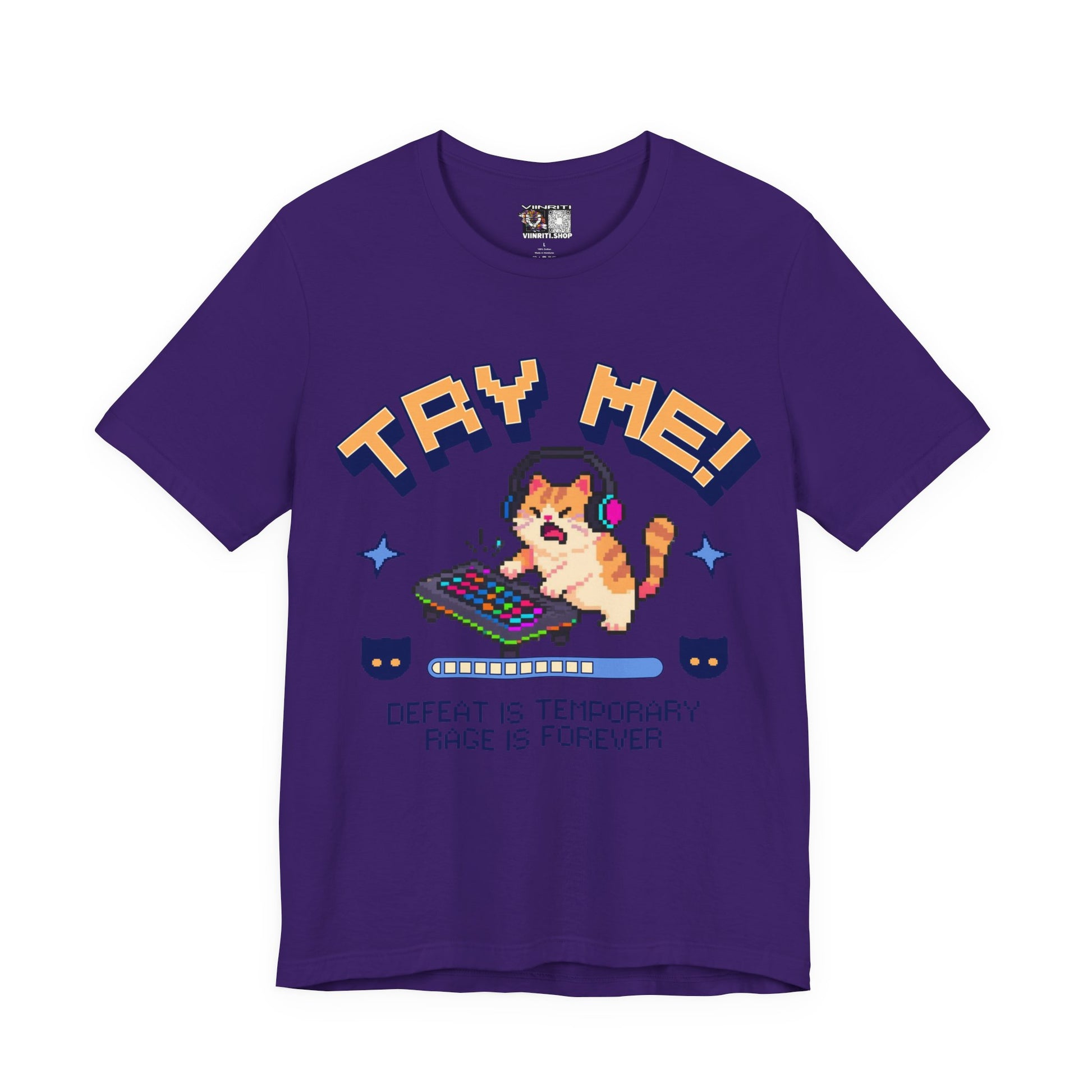 Try Me! Gamer Cat T‑Shirt — "Defeat Is Temporary, Rage Is Forever" Retro Pixel Tee