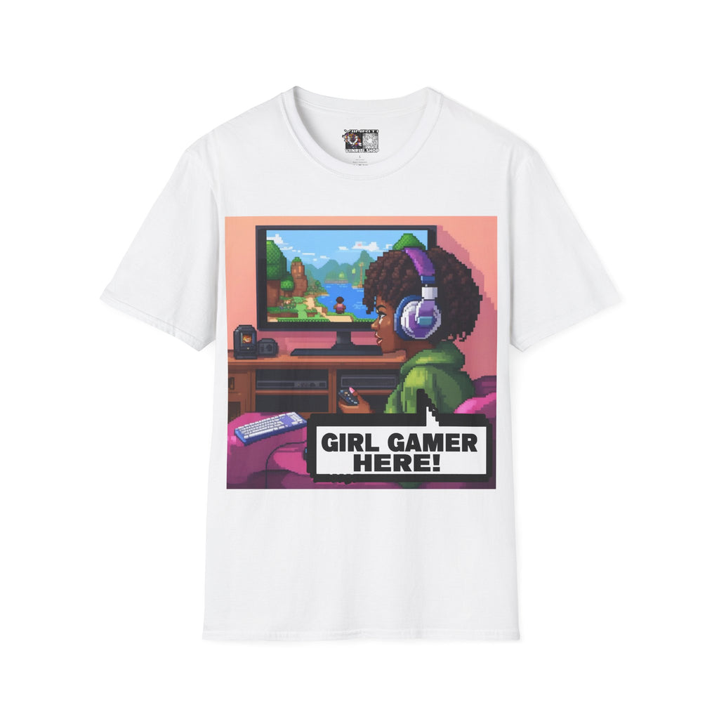 Girl Gamer T-Shirt — Retro Pixel Art ‘GIRL GAMER HERE!’ Tee for Female Gamers