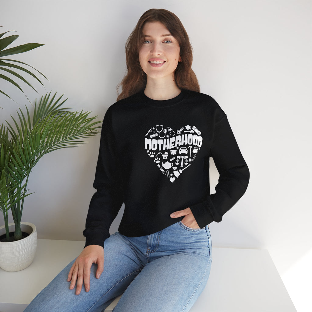 Motherhood Crewneck Sweatshirt, Unisex Sweatshirt, Gift for Moms, Cozy Crew Necks, Heart Design, Mother's Day Gift