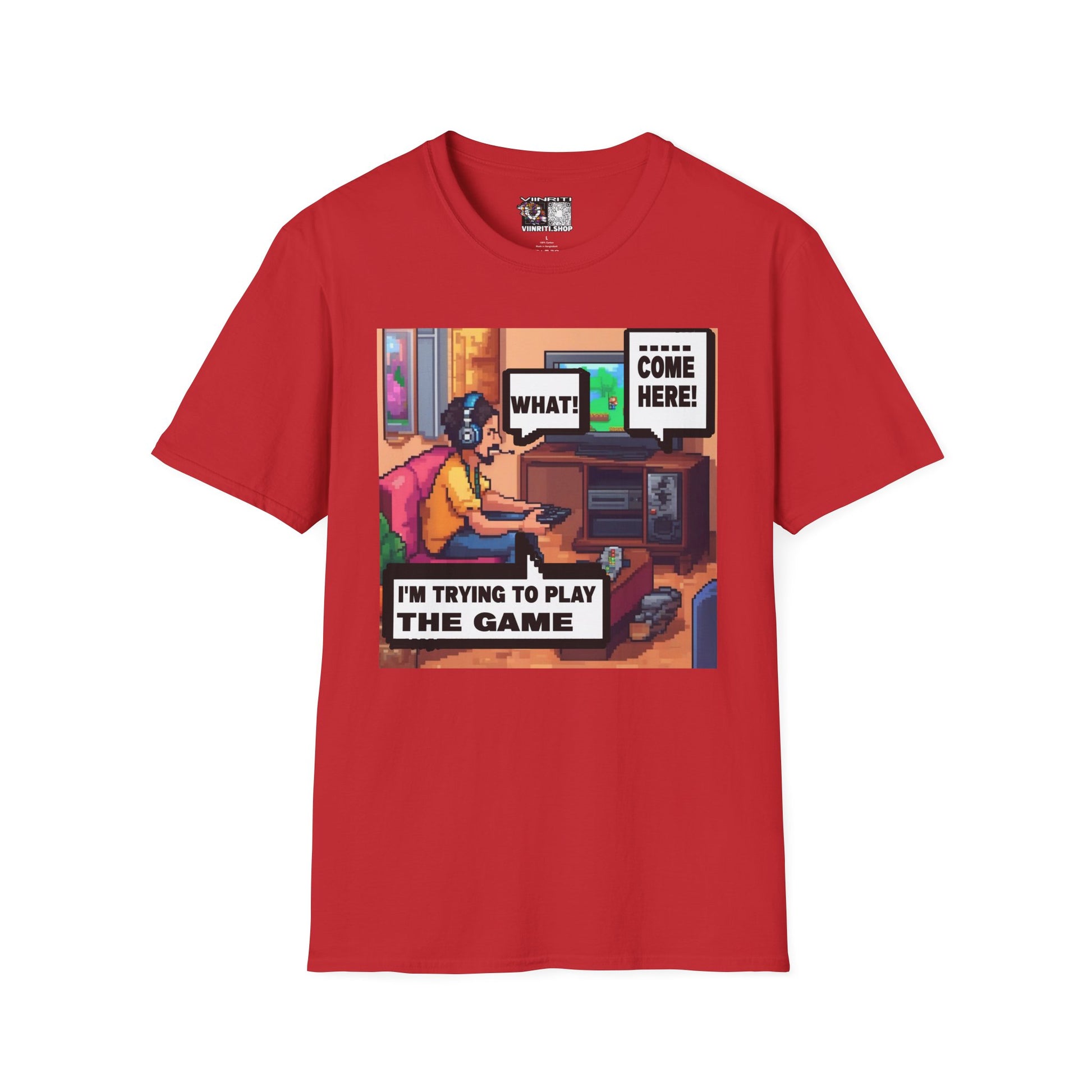 Gamer Comic T-Shirt — “I’m Trying to Play the Game” Pixel Art Tee