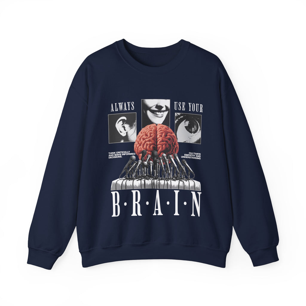Brain Graphic Crewneck Sweatshirt — "Always Use Your Brain" Vintage Horror Vibe