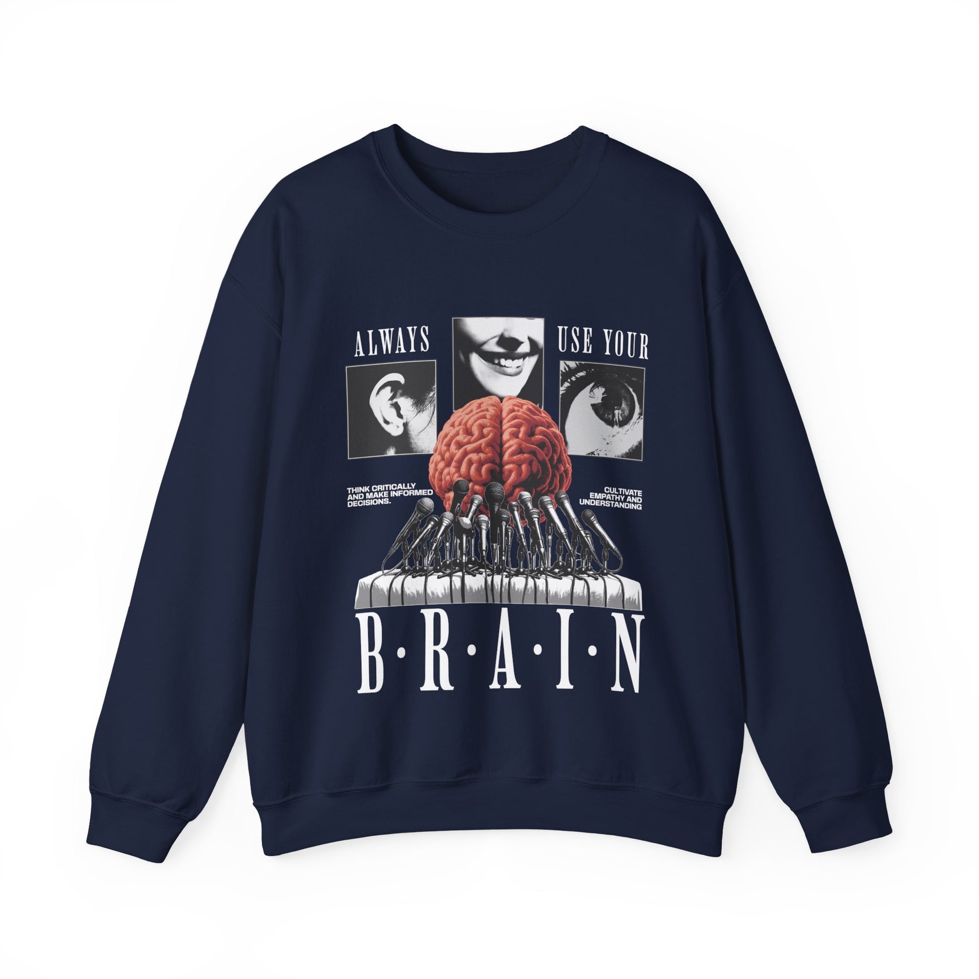 Brain Graphic Crewneck Sweatshirt — "Always Use Your Brain" Vintage Horror Vibe