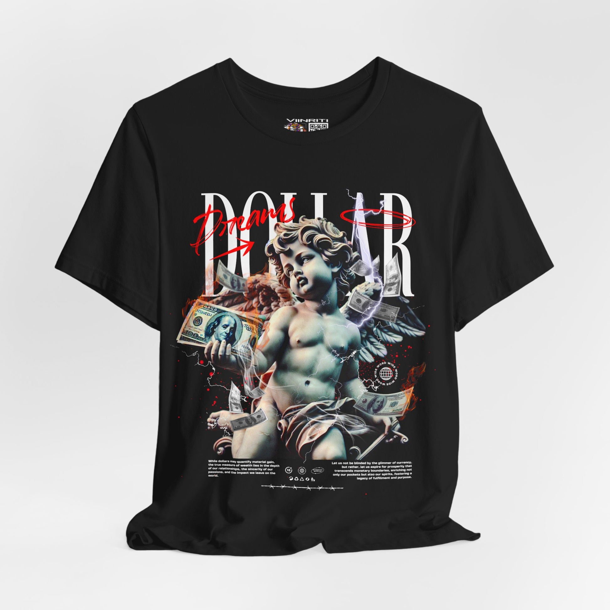 Dollar Cherub Graphic Tee — Streetwear Statue, Money Collage T-Shirt