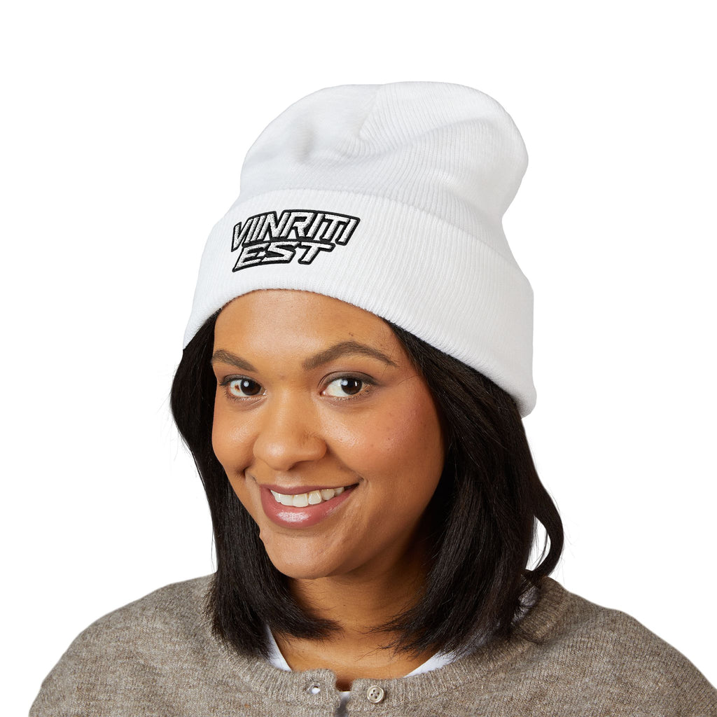 Embroidered 'Viinriti Est' Cuffed Beanie — Classic Knit Winter Hat