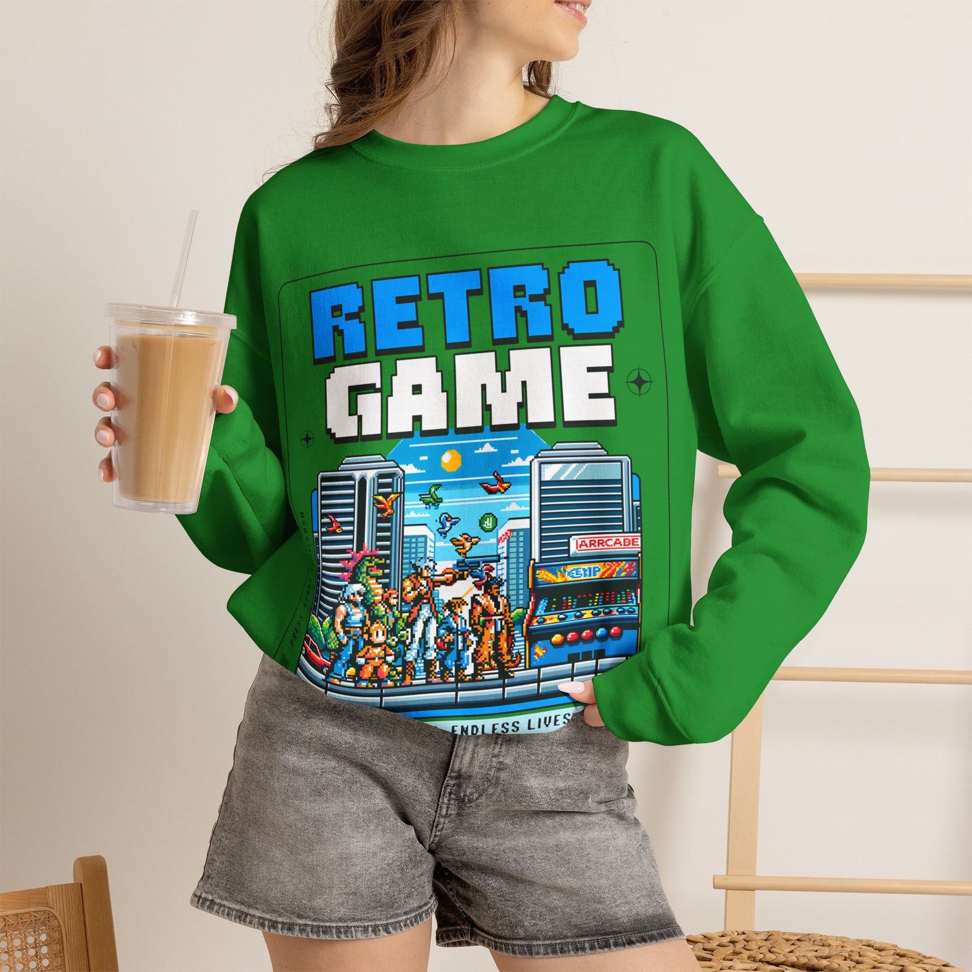 Retro Game Sweatshirt — Vintage 8-Bit Arcade Graphic Crewneck