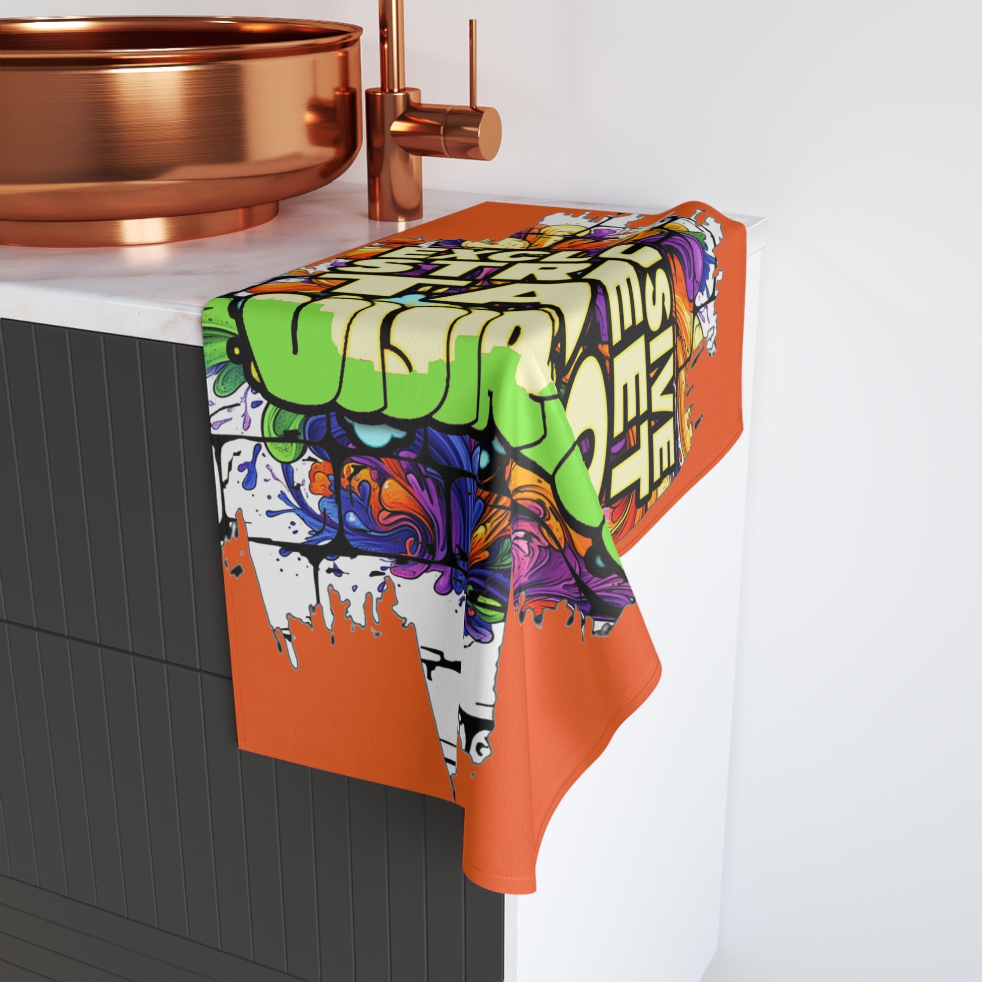 Exclusive Street Tag Vijiriti Hand Towel, Urban Decor, Gift for Artists, Vibrant Bathroom Towel, Unique Home Accessory