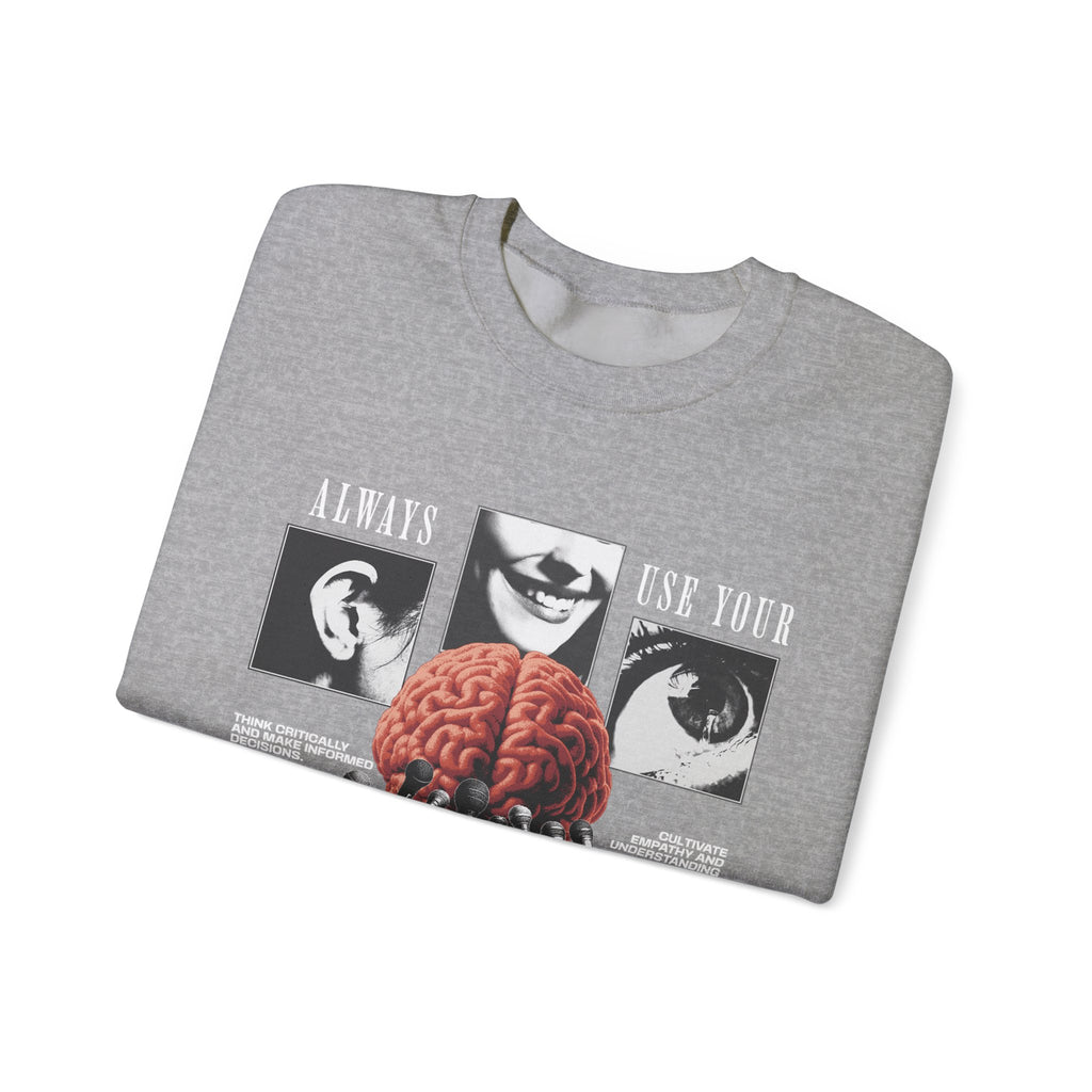 Brain Graphic Crewneck Sweatshirt — "Always Use Your Brain" Vintage Horror Vibe