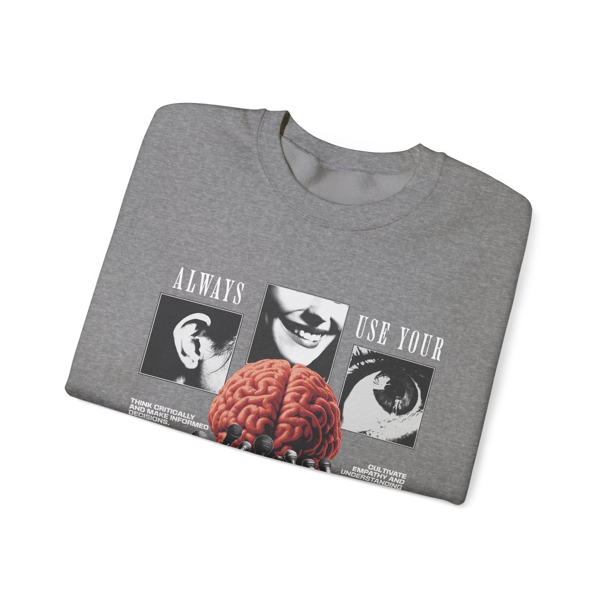 Brain Graphic Crewneck Sweatshirt — "Always Use Your Brain" Vintage Horror Vibe