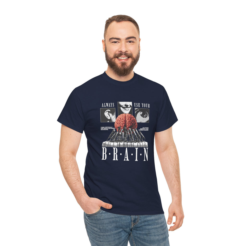 "Always Use Your Brain Graphic Unisex Heavy Cotton Tee with Unique Design, Casual Wear, Gift for Art Lovers, Festival Outfit, Statement T-Shirt