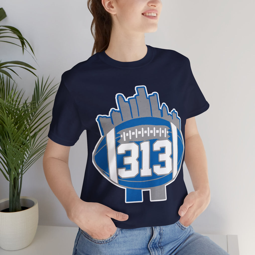Detroit 313 Football T-Shirt — City Skyline & Number 313 Logo