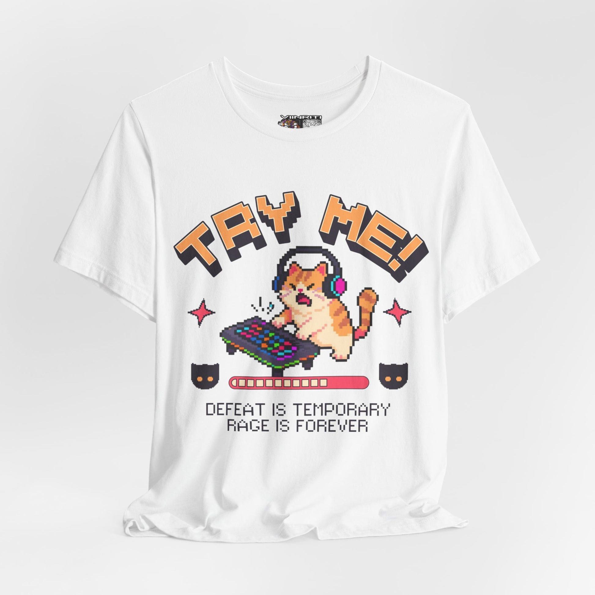 Try Me! Gamer Cat T‑Shirt — "Defeat Is Temporary, Rage Is Forever" Retro Pixel Tee