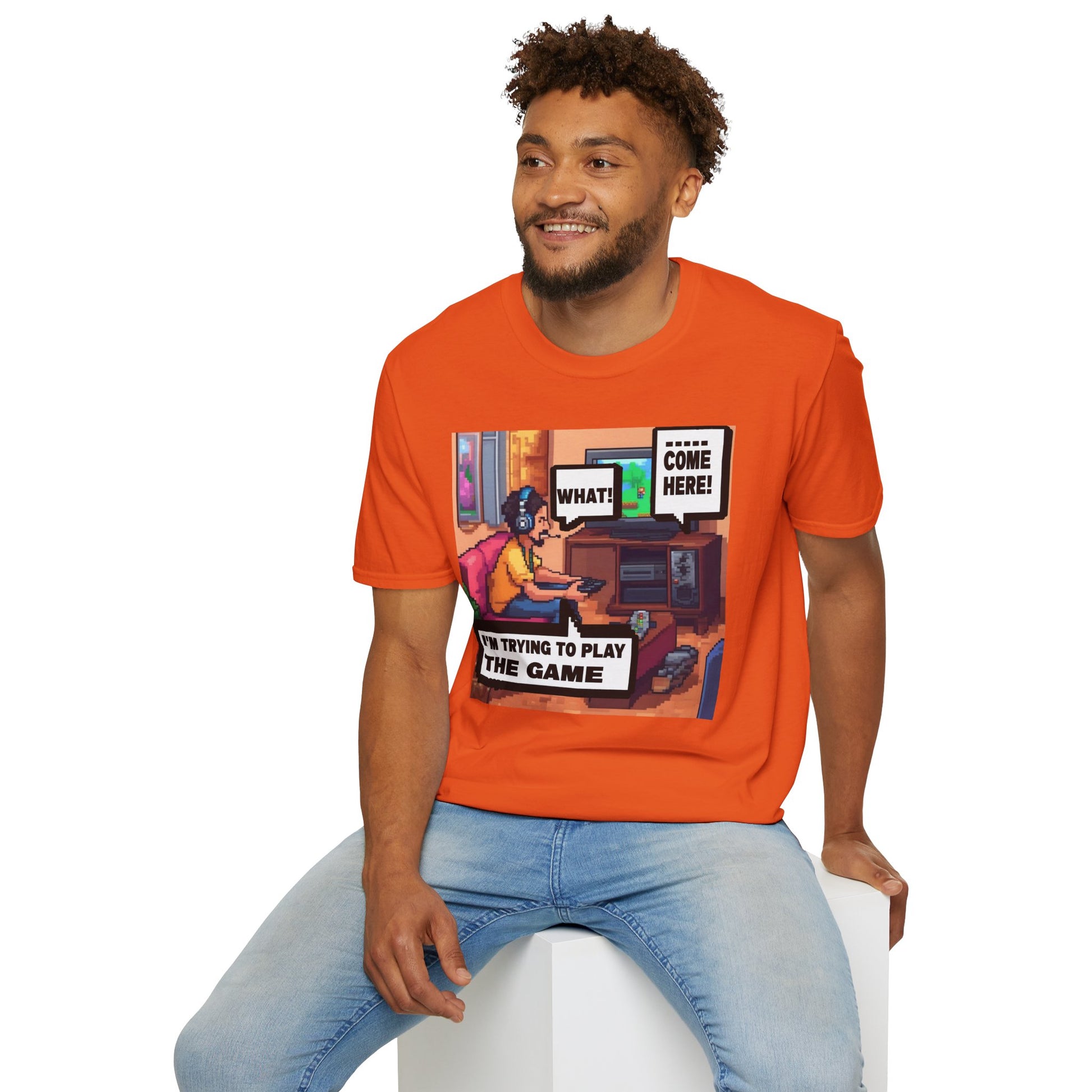 Gamer Comic T-Shirt — “I’m Trying to Play the Game” Pixel Art Tee
