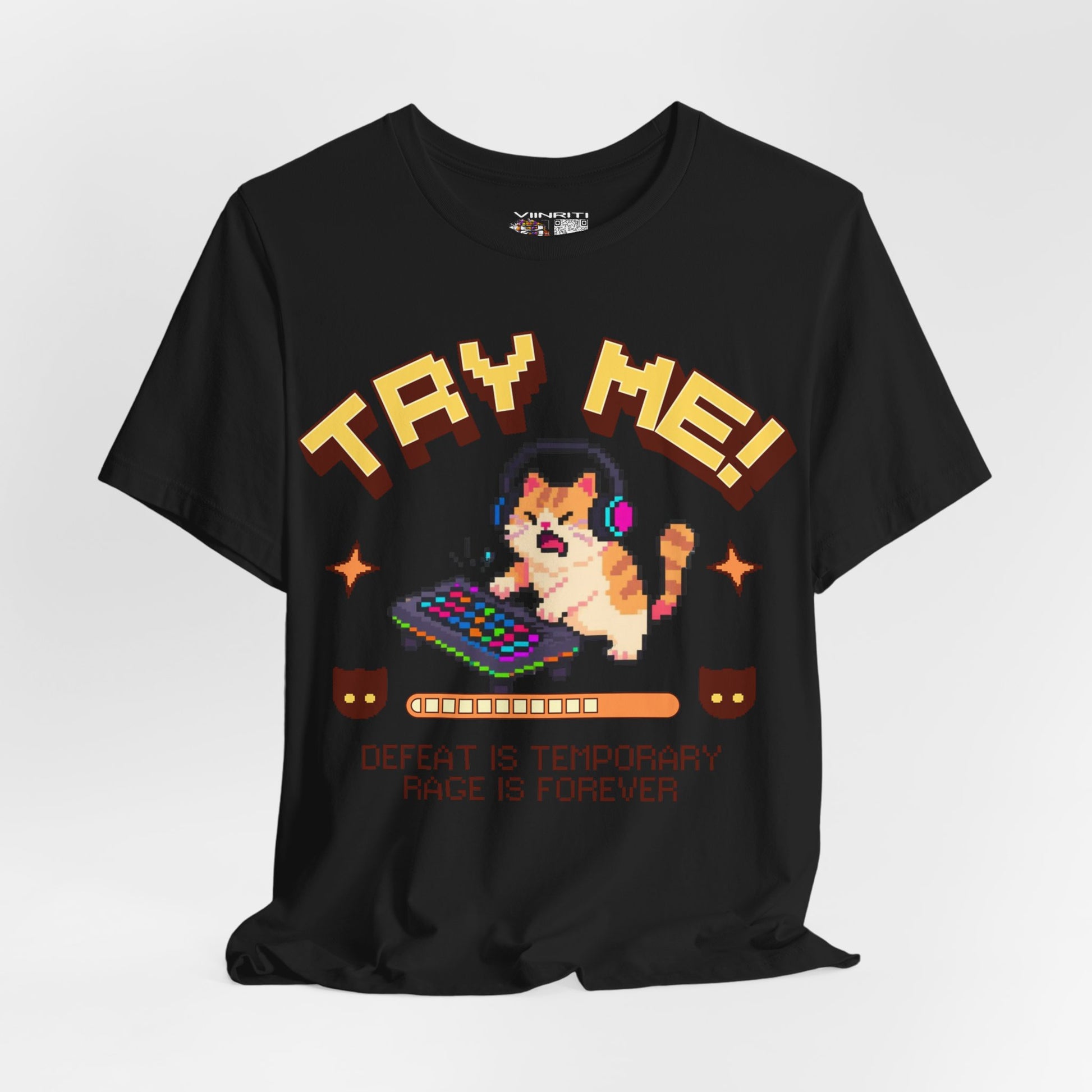 Try Me! Gamer Cat T‑Shirt — "Defeat Is Temporary, Rage Is Forever" Retro Pixel Tee