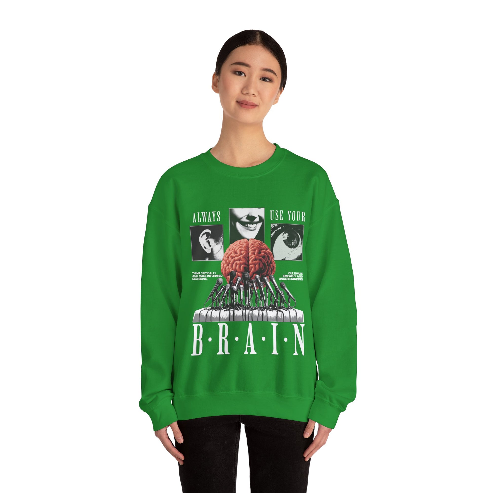 Brain Graphic Crewneck Sweatshirt — "Always Use Your Brain" Vintage Horror Vibe