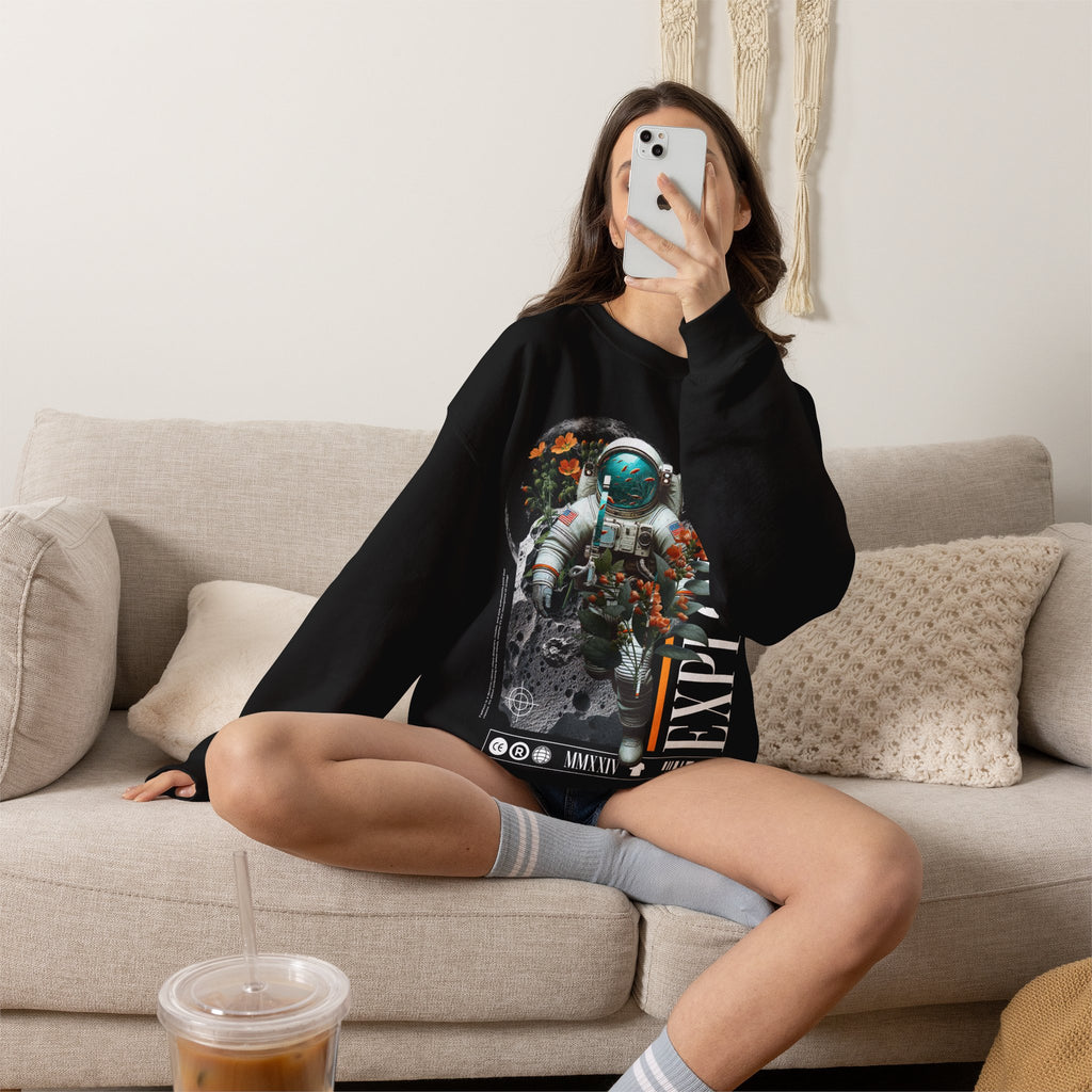 Astronaut Floral Crewneck Sweatshirt — Space Explorer Graphic Pullover