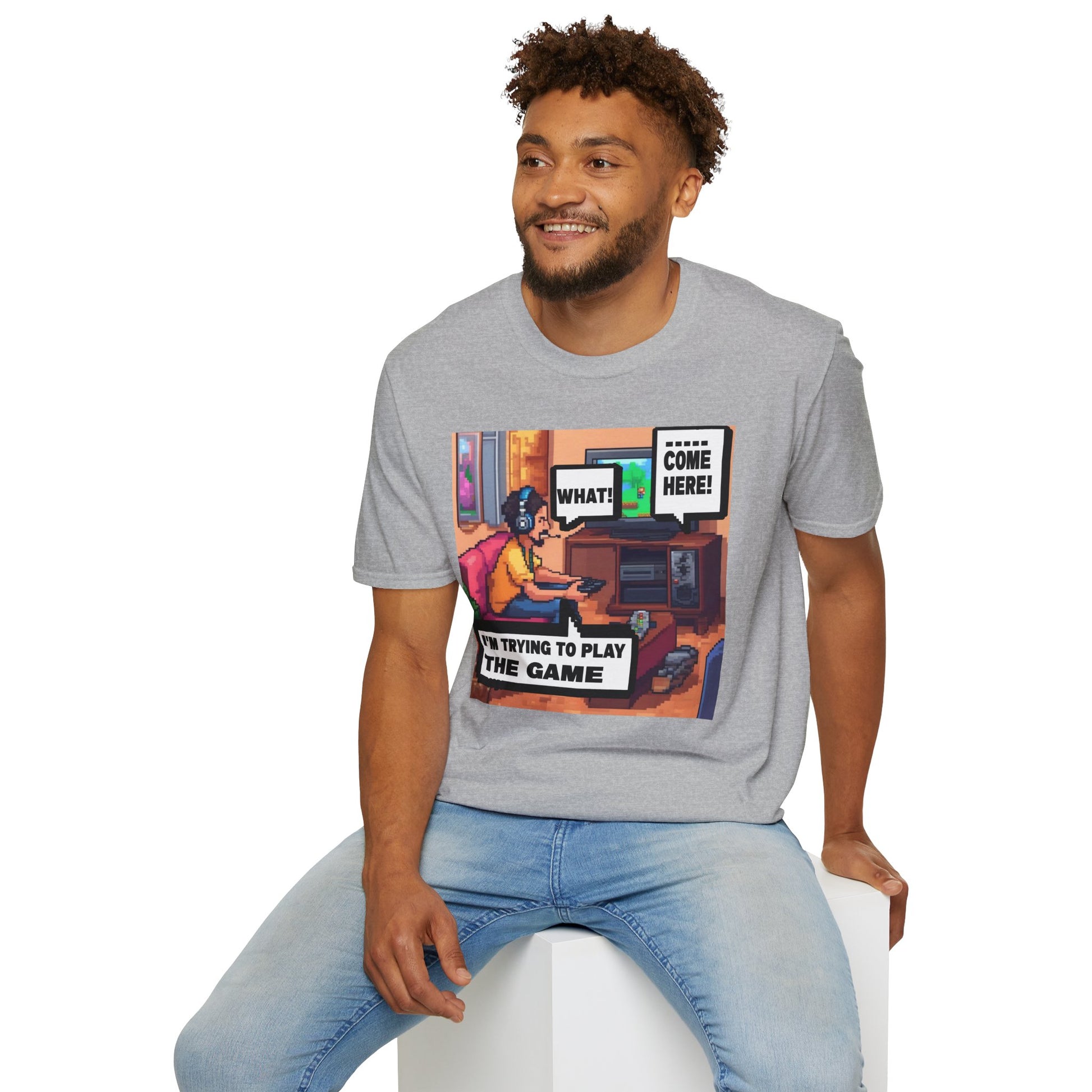Gamer Comic T-Shirt — “I’m Trying to Play the Game” Pixel Art Tee
