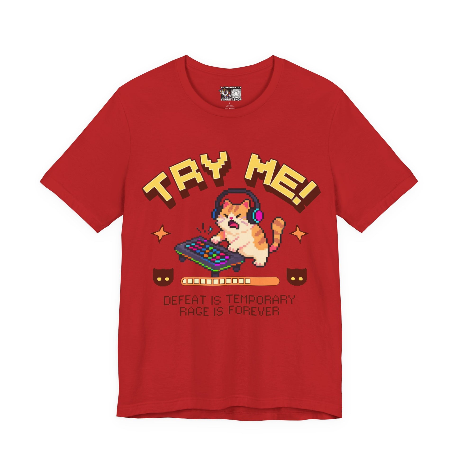 Try Me! Gamer Cat T‑Shirt — "Defeat Is Temporary, Rage Is Forever" Retro Pixel Tee
