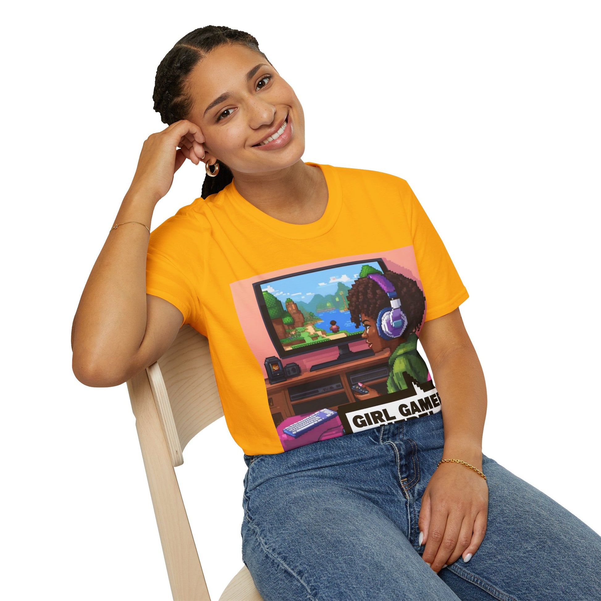 Girl Gamer T-Shirt — Retro Pixel Art ‘GIRL GAMER HERE!’ Tee for Female Gamers