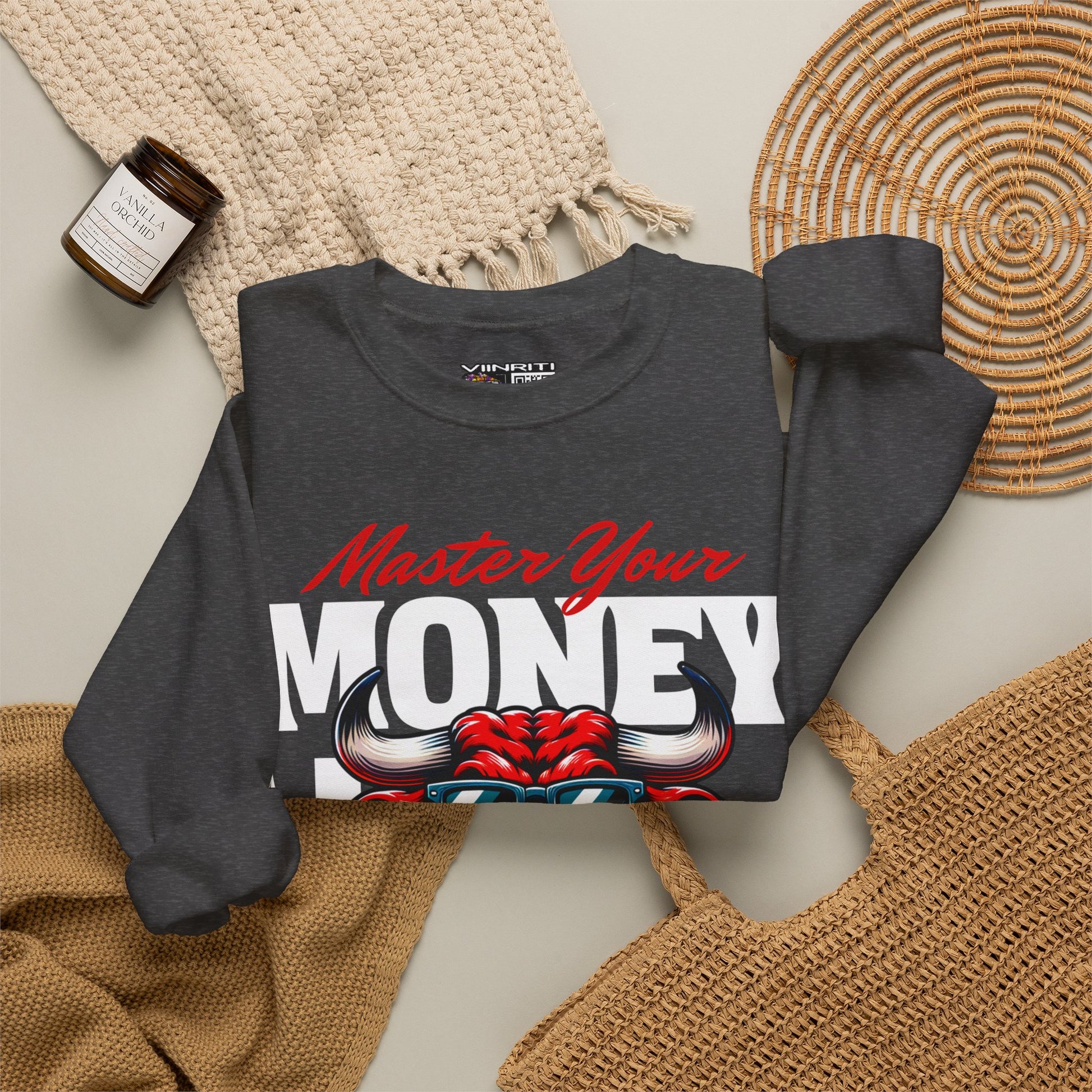 Crewneck Sweatshirt — "Master Your Money" Bull Design, Finance Hustle Graphic