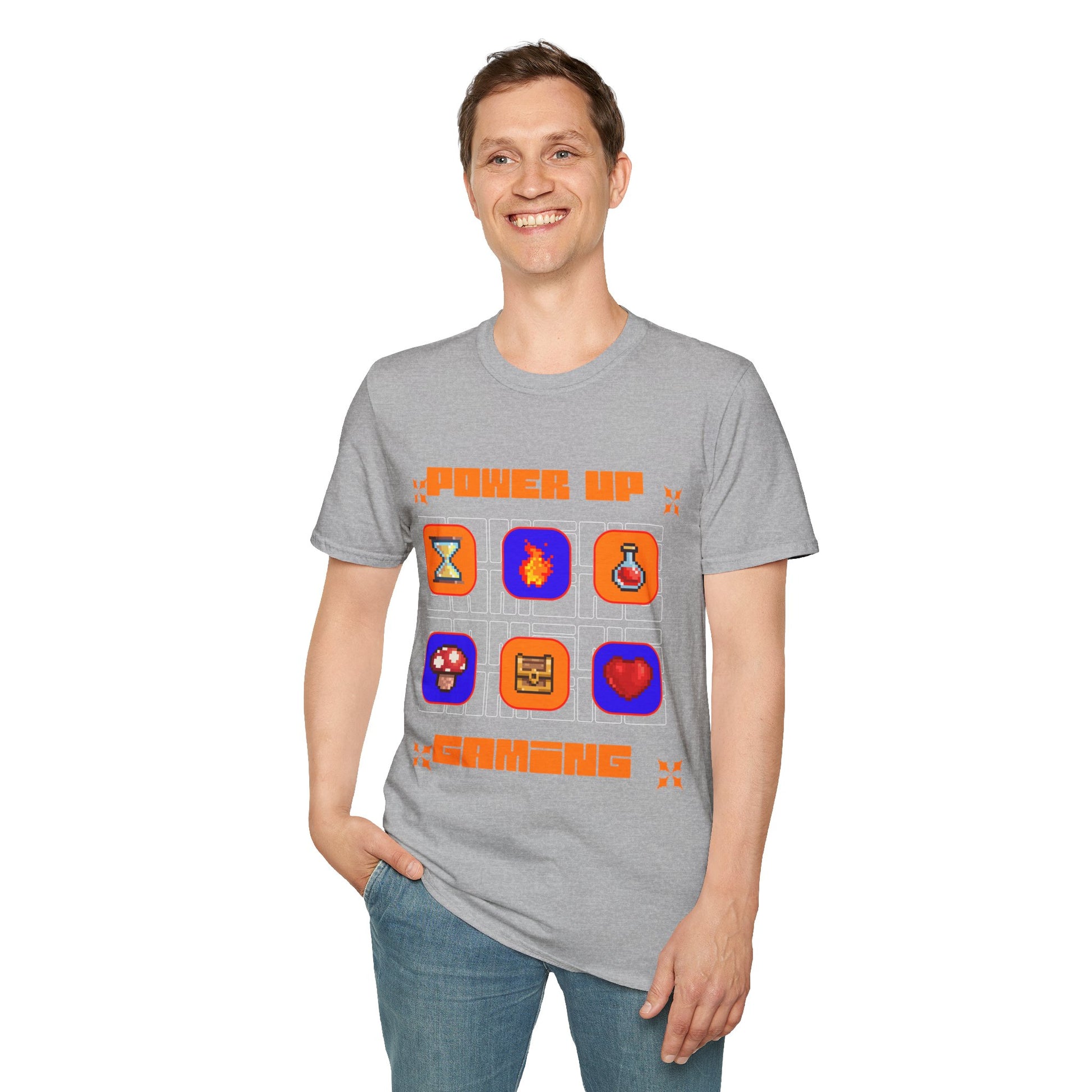 Power Up Gaming T-Shirt — Retro Pixel Game Icons Tee