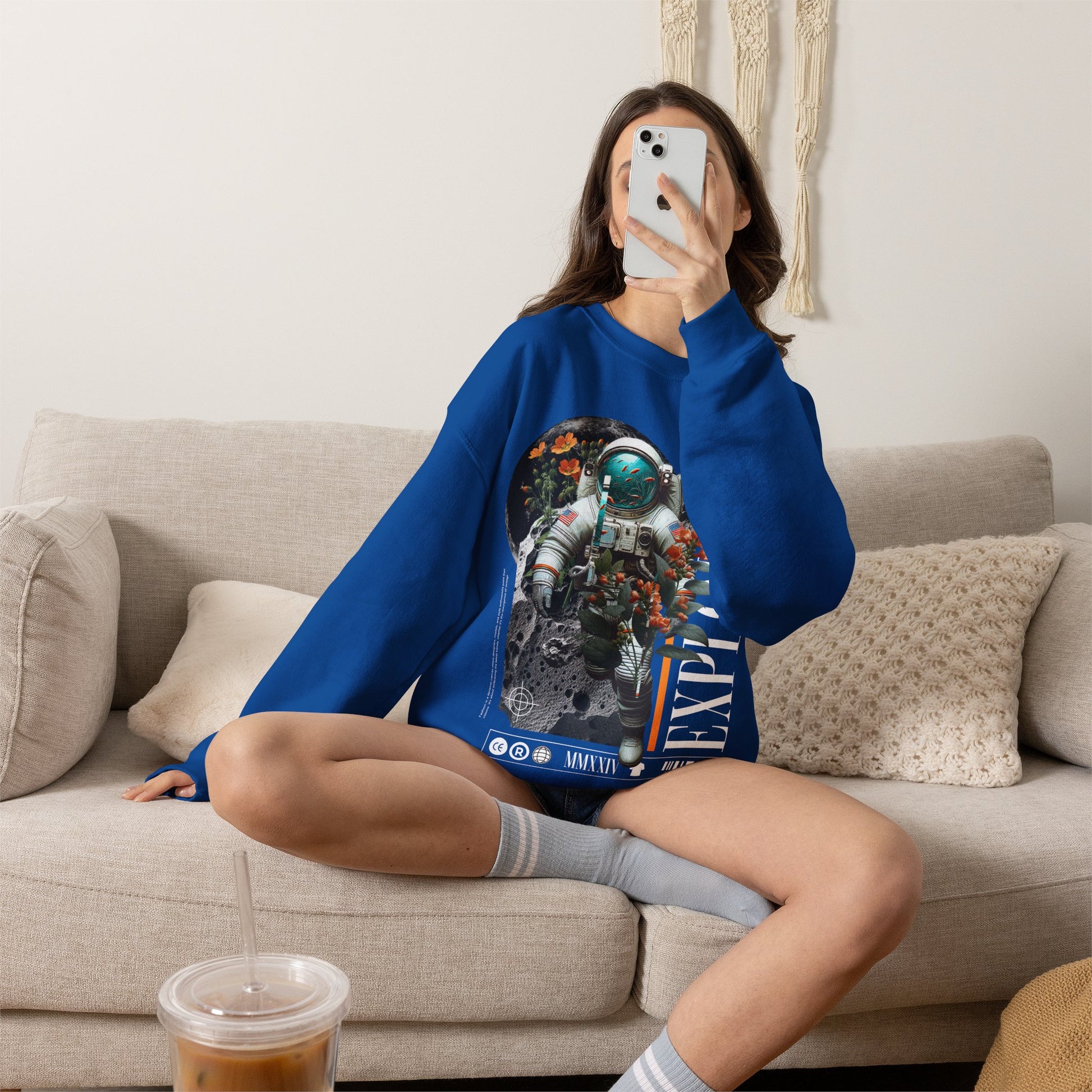 Astronaut Floral Crewneck Sweatshirt — Space Explorer Graphic Pullover