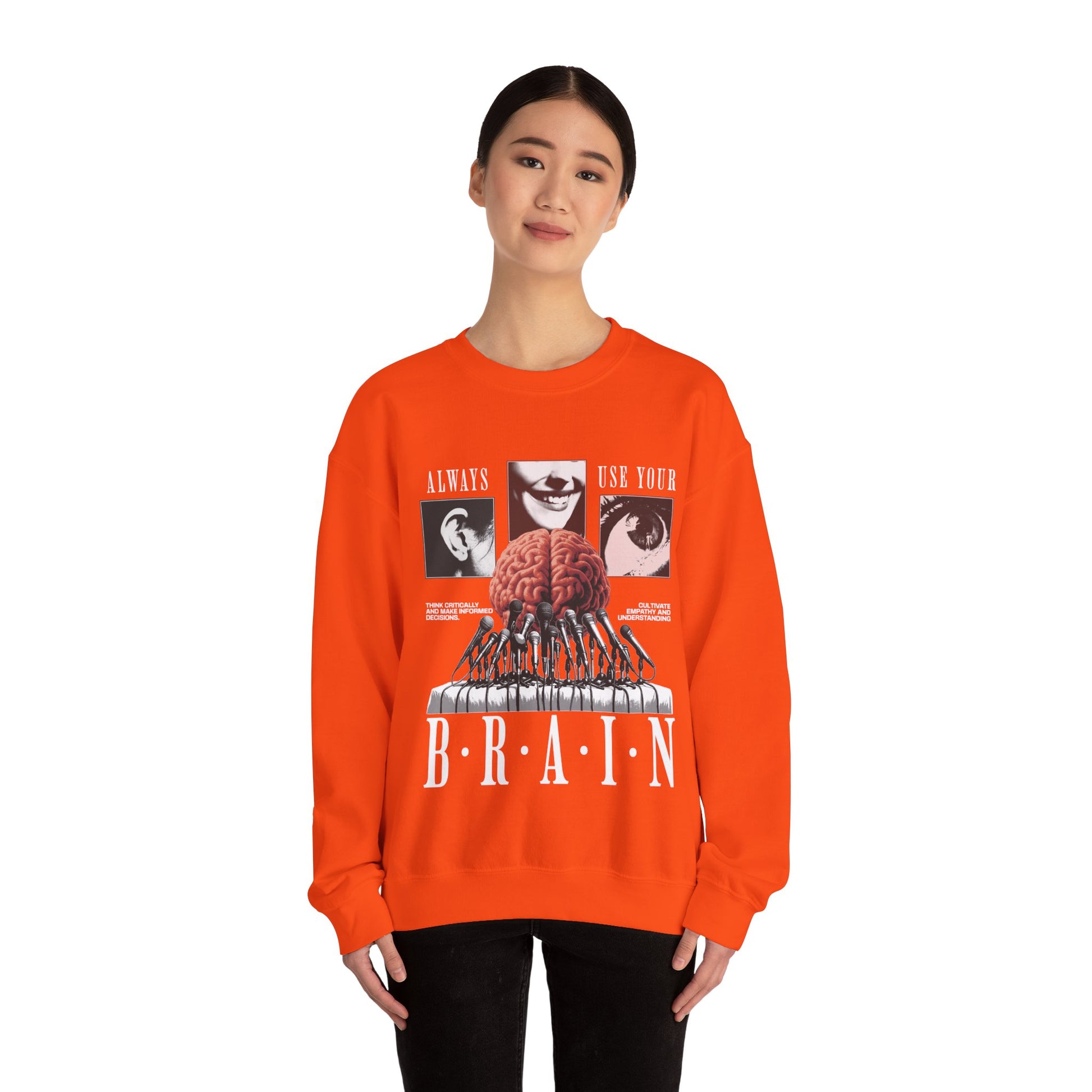 Brain Graphic Crewneck Sweatshirt — "Always Use Your Brain" Vintage Horror Vibe