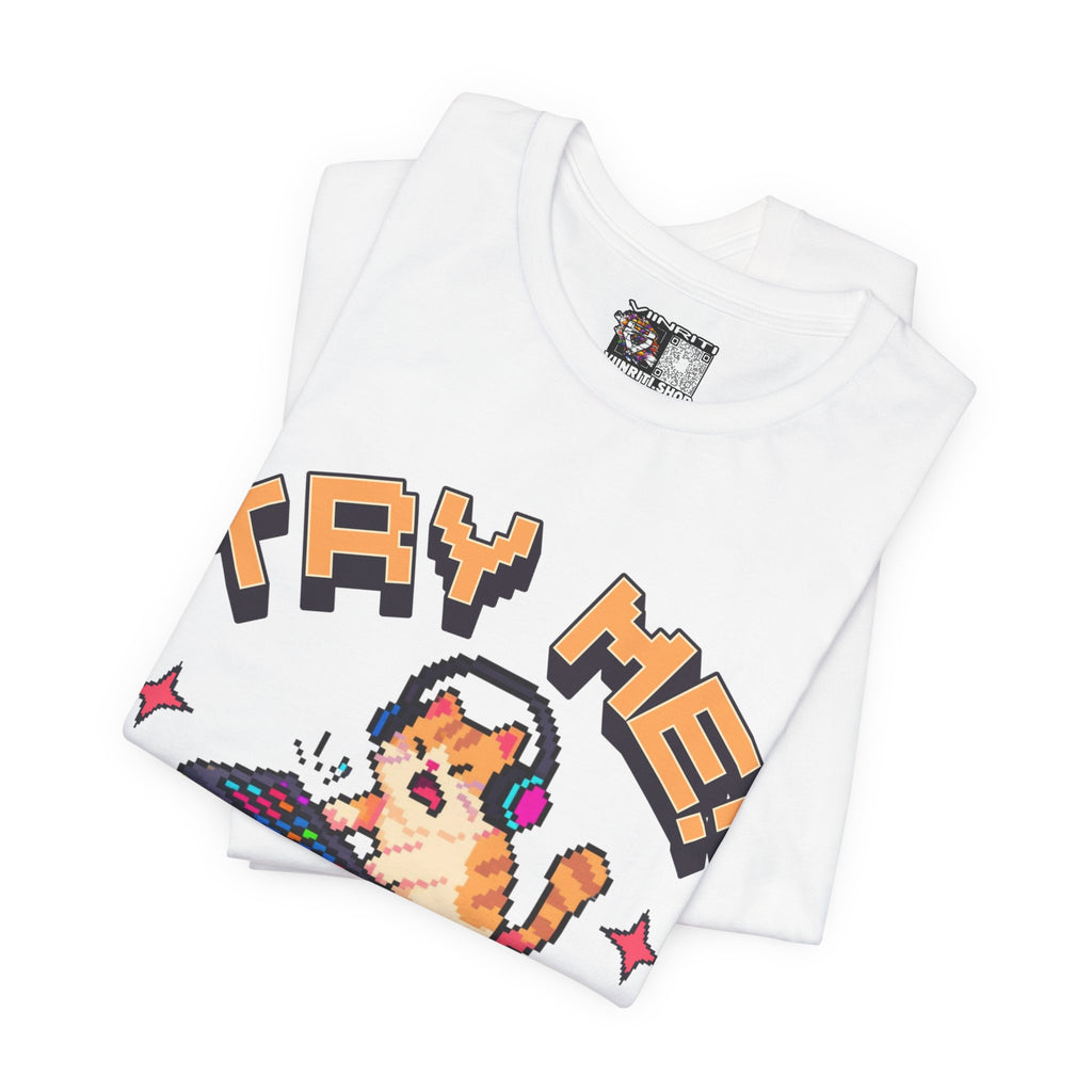 Try Me! Gamer Cat T‑Shirt — "Defeat Is Temporary, Rage Is Forever" Retro Pixel Tee