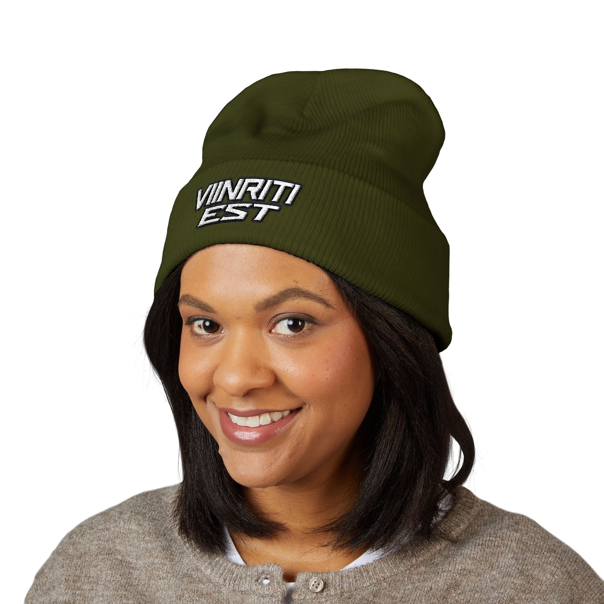 Embroidered 'Viinriti Est' Cuffed Beanie — Classic Knit Winter Hat