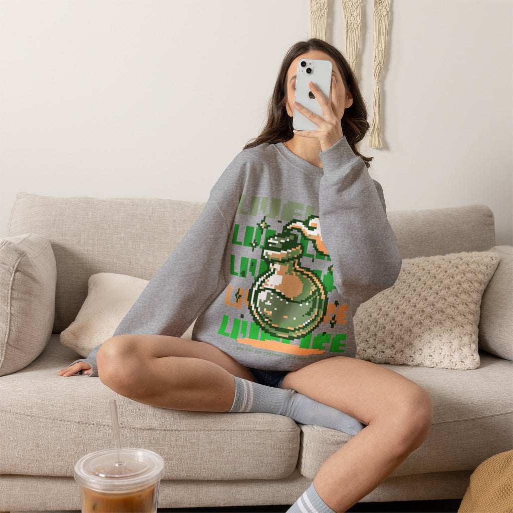 Crewneck Sweatshirt — Pixel Potion 'LIFE' Retro Gaming Graphic