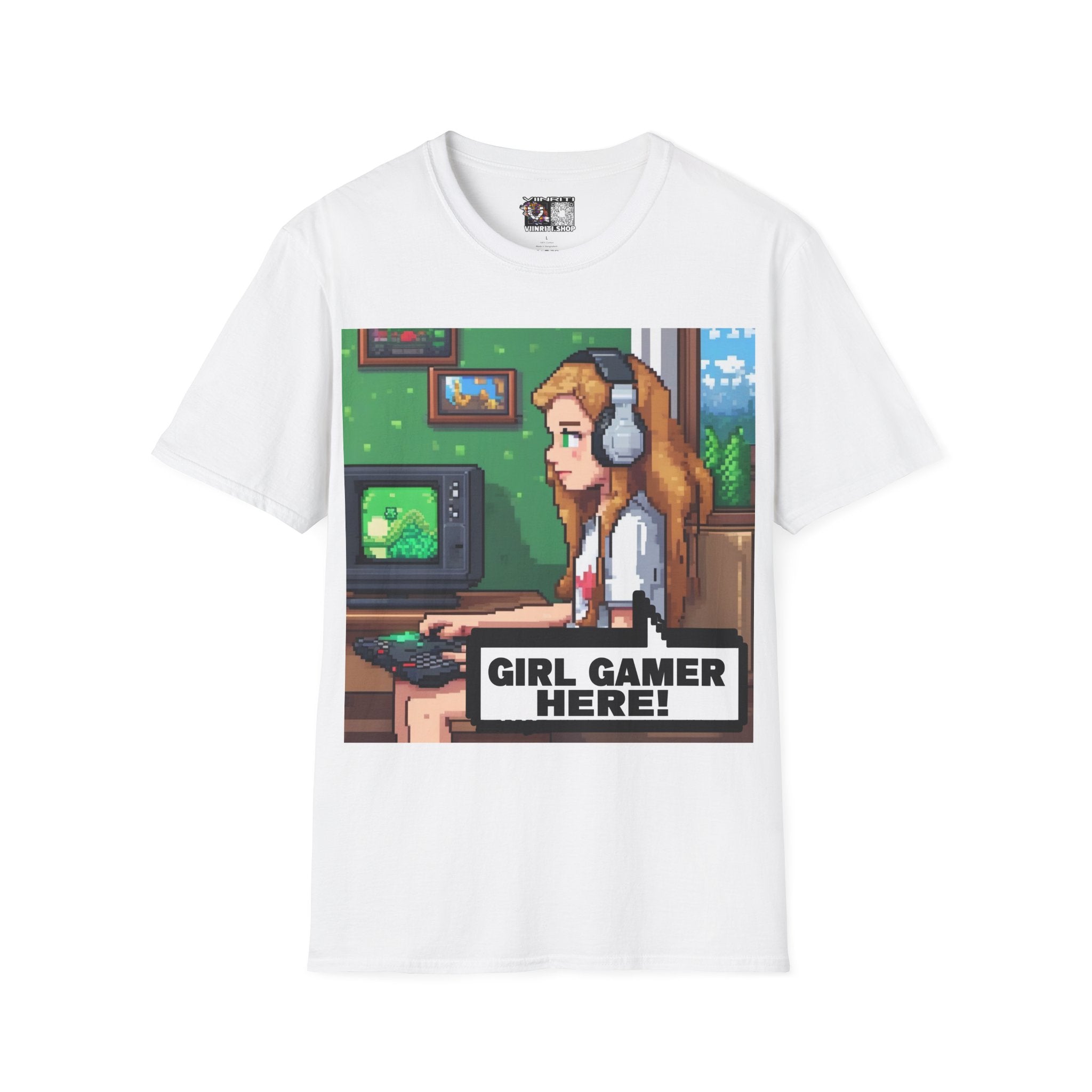 Girl Gamer Here Pixel Art T-Shirt — Retro Gaming Tee for Female Gamers
