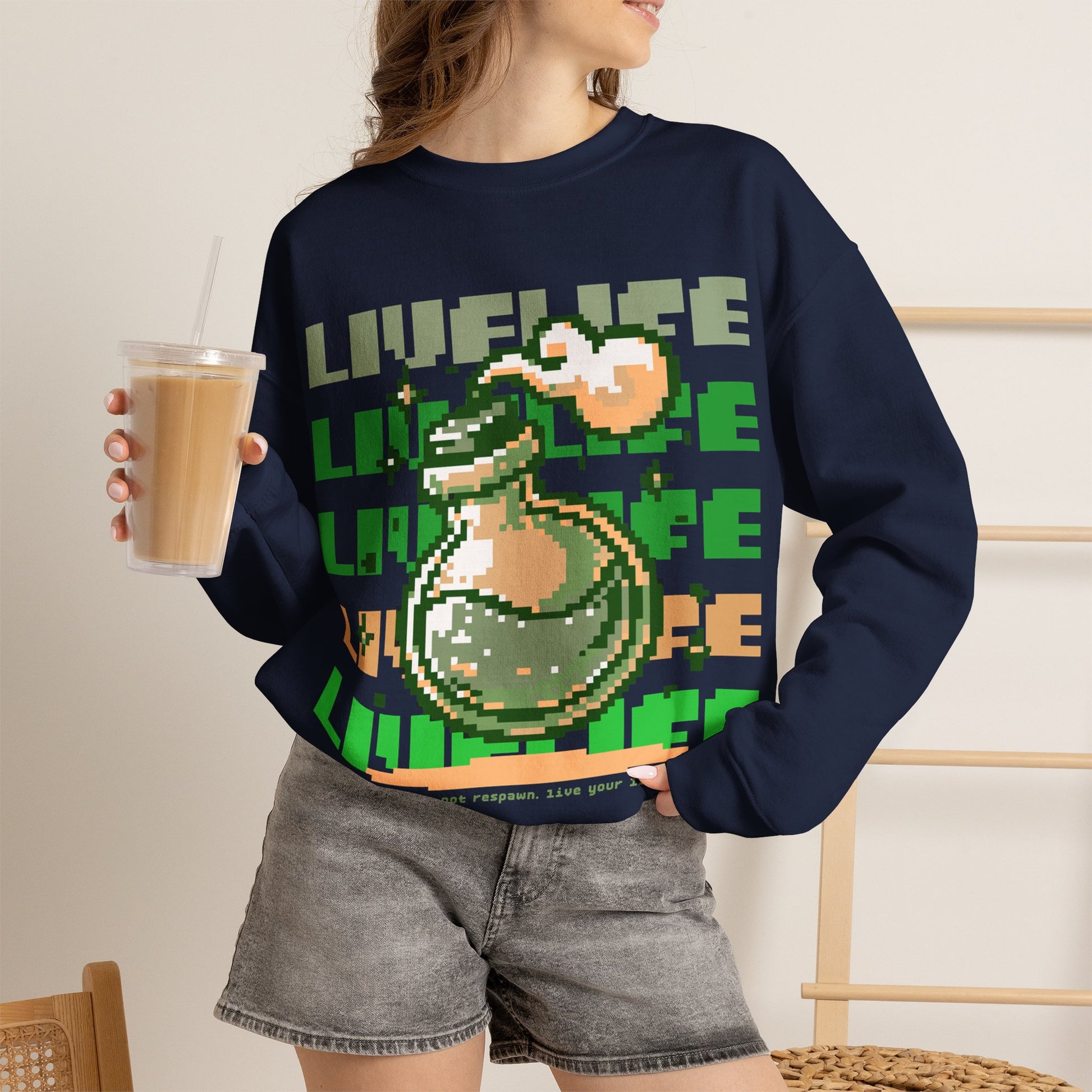 Crewneck Sweatshirt — Pixel Potion 'LIFE' Retro Gaming Graphic