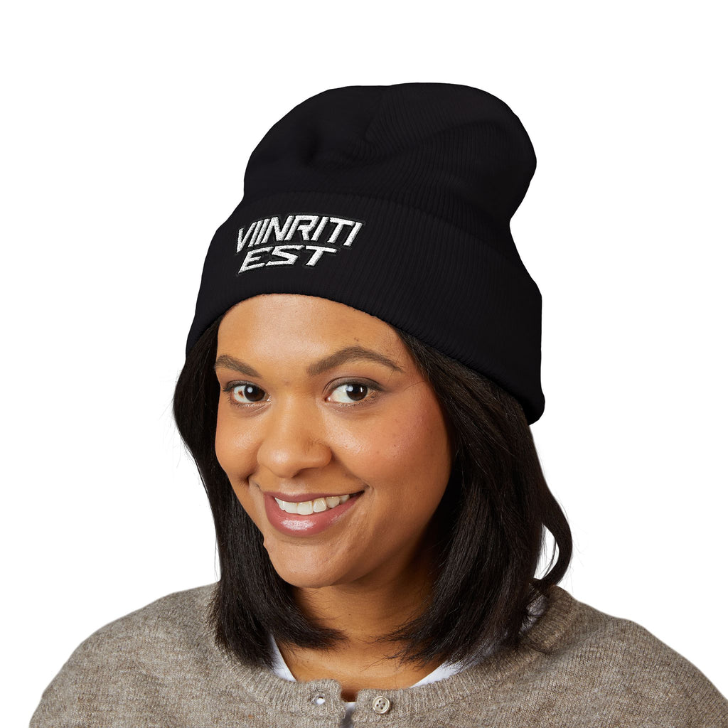 Embroidered 'Viinriti Est' Cuffed Beanie — Classic Knit Winter Hat