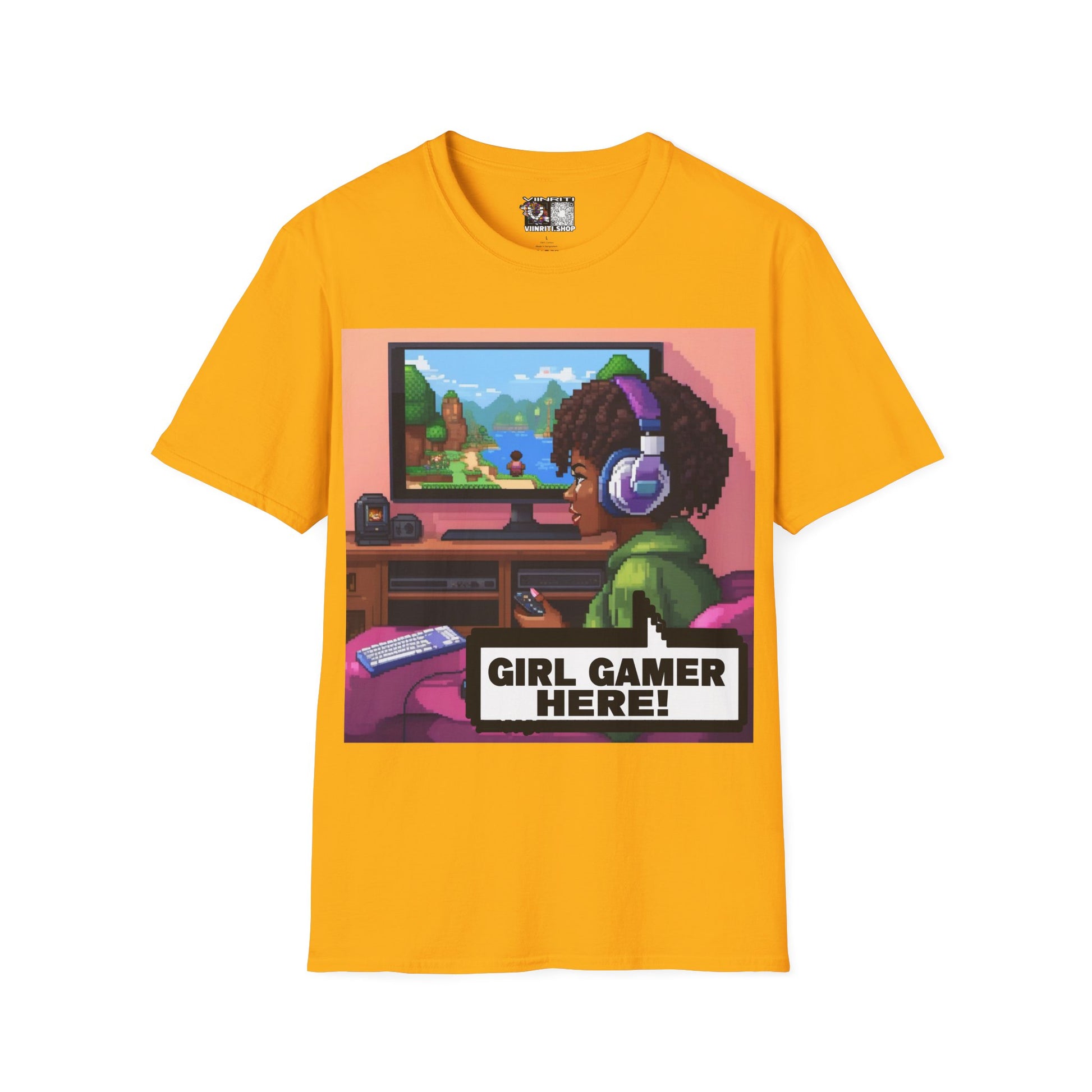 Girl Gamer T-Shirt — Retro Pixel Art ‘GIRL GAMER HERE!’ Tee for Female Gamers
