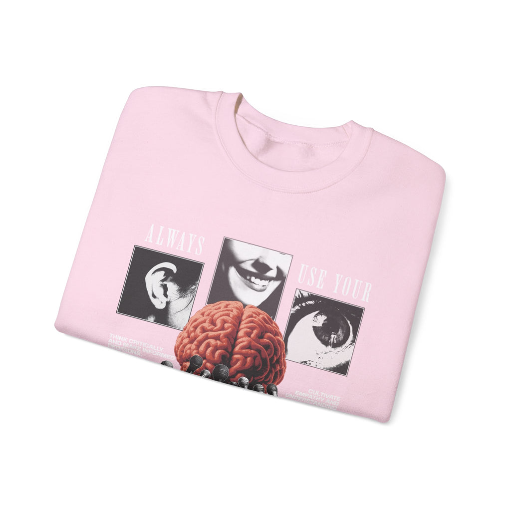 Brain Graphic Crewneck Sweatshirt — "Always Use Your Brain" Vintage Horror Vibe
