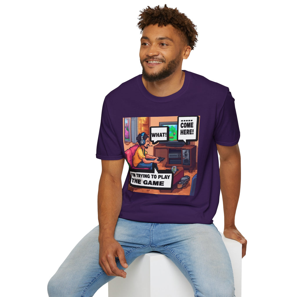Gamer Comic T-Shirt — “I’m Trying to Play the Game” Pixel Art Tee