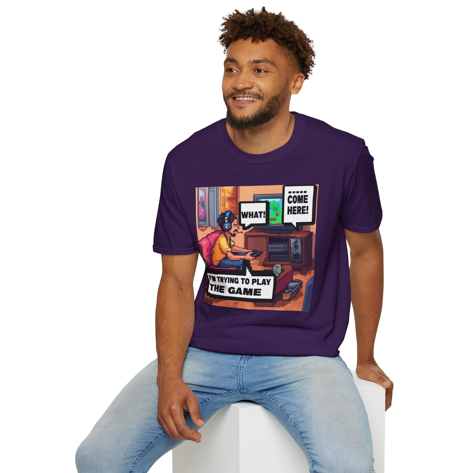 Gamer Comic T-Shirt — “I’m Trying to Play the Game” Pixel Art Tee