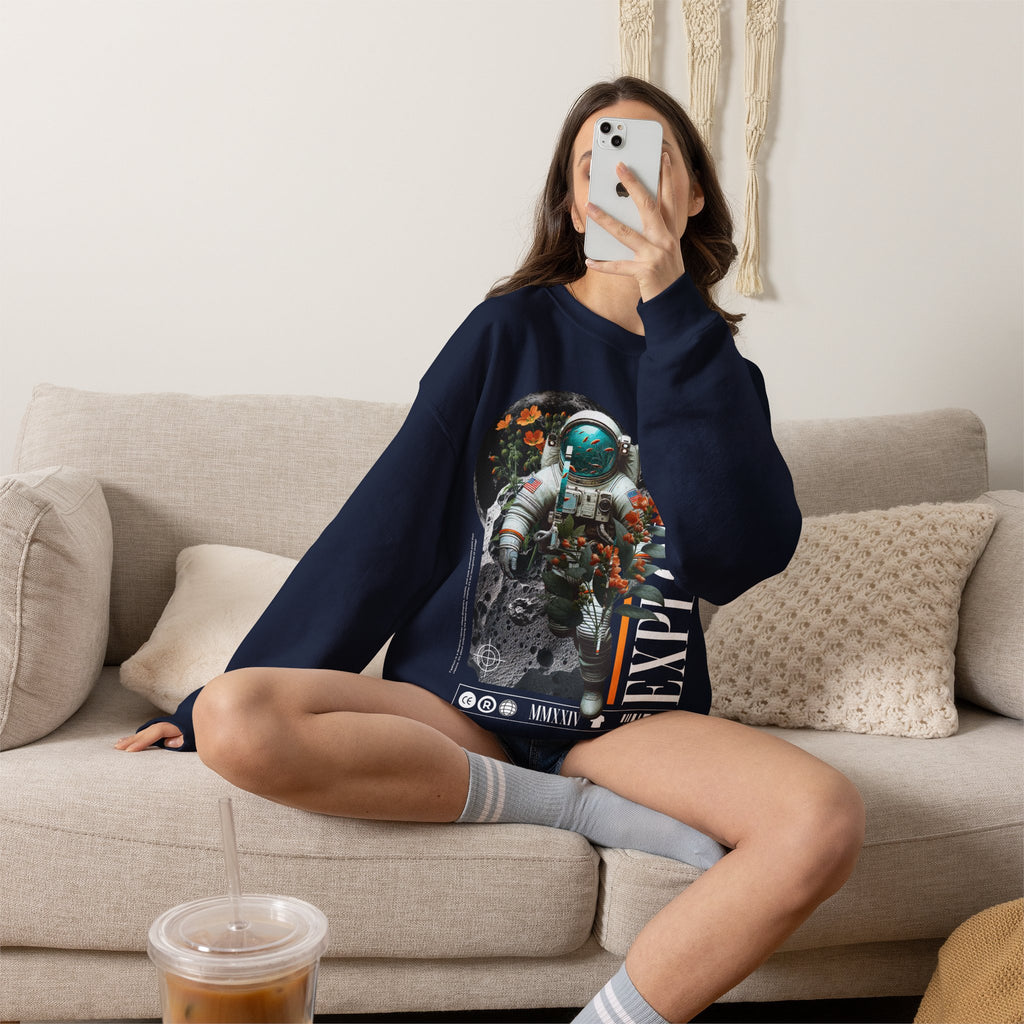 Astronaut Floral Crewneck Sweatshirt — Space Explorer Graphic Pullover