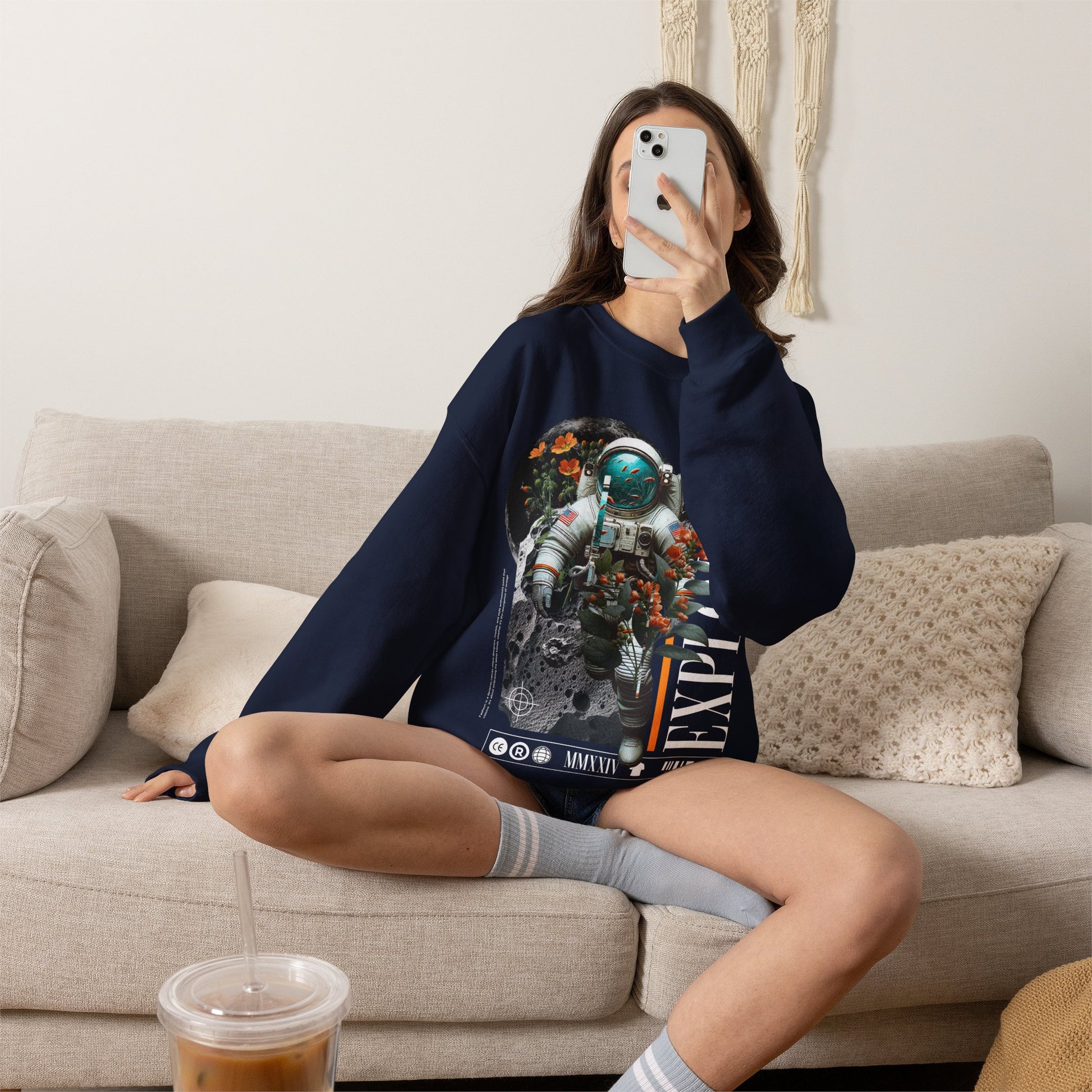 Astronaut Floral Crewneck Sweatshirt — Space Explorer Graphic Pullover