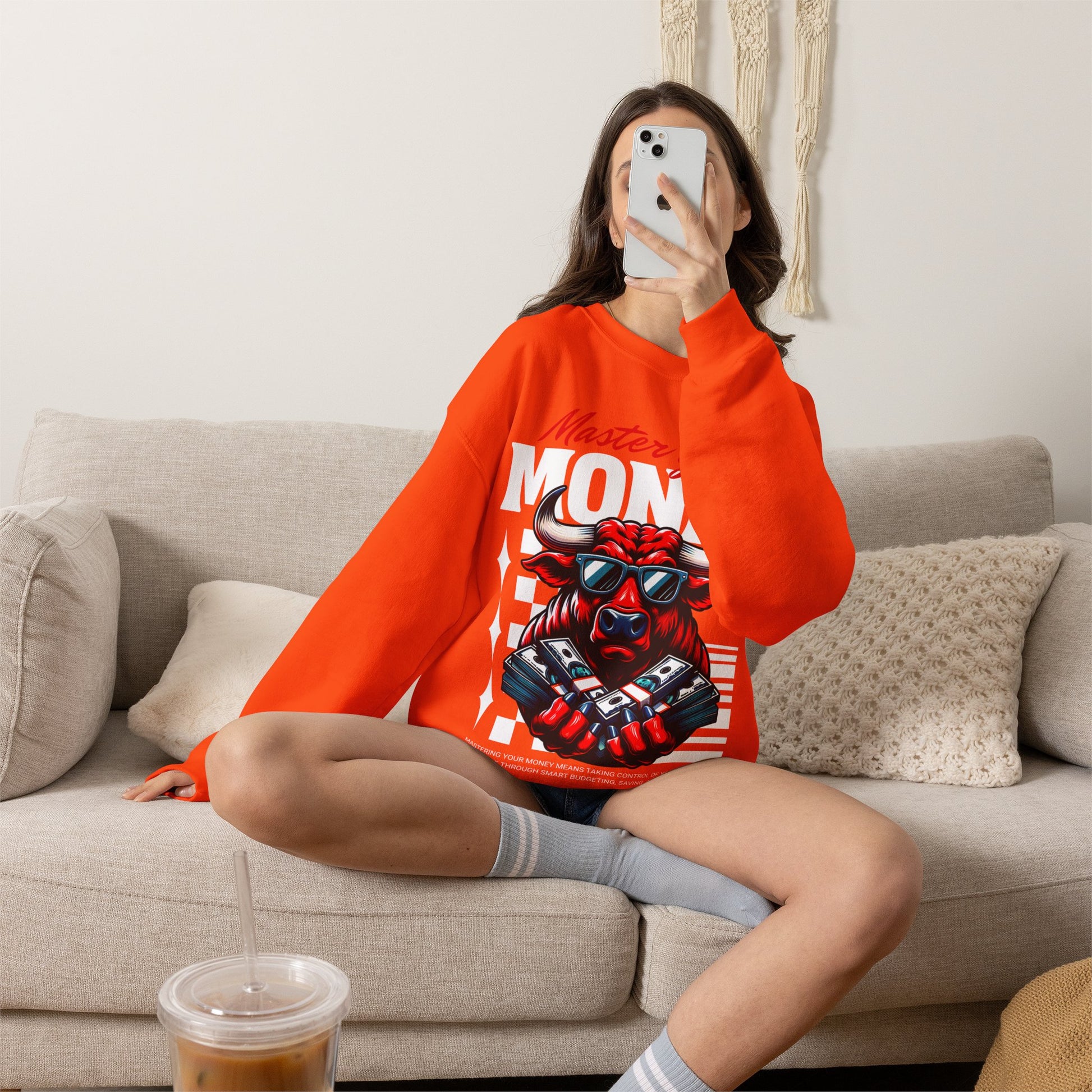 Crewneck Sweatshirt — "Master Your Money" Bull Design, Finance Hustle Graphic