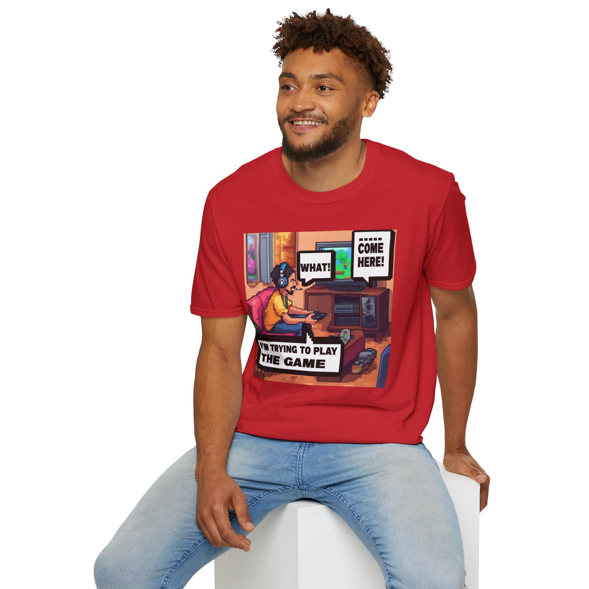 Gamer Comic T-Shirt — “I’m Trying to Play the Game” Pixel Art Tee