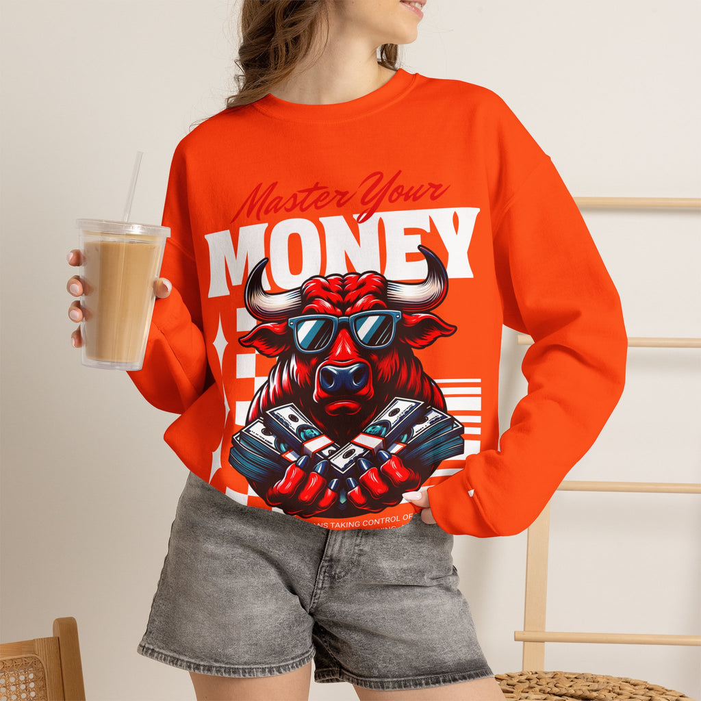Crewneck Sweatshirt — "Master Your Money" Bull Design, Finance Hustle Graphic
