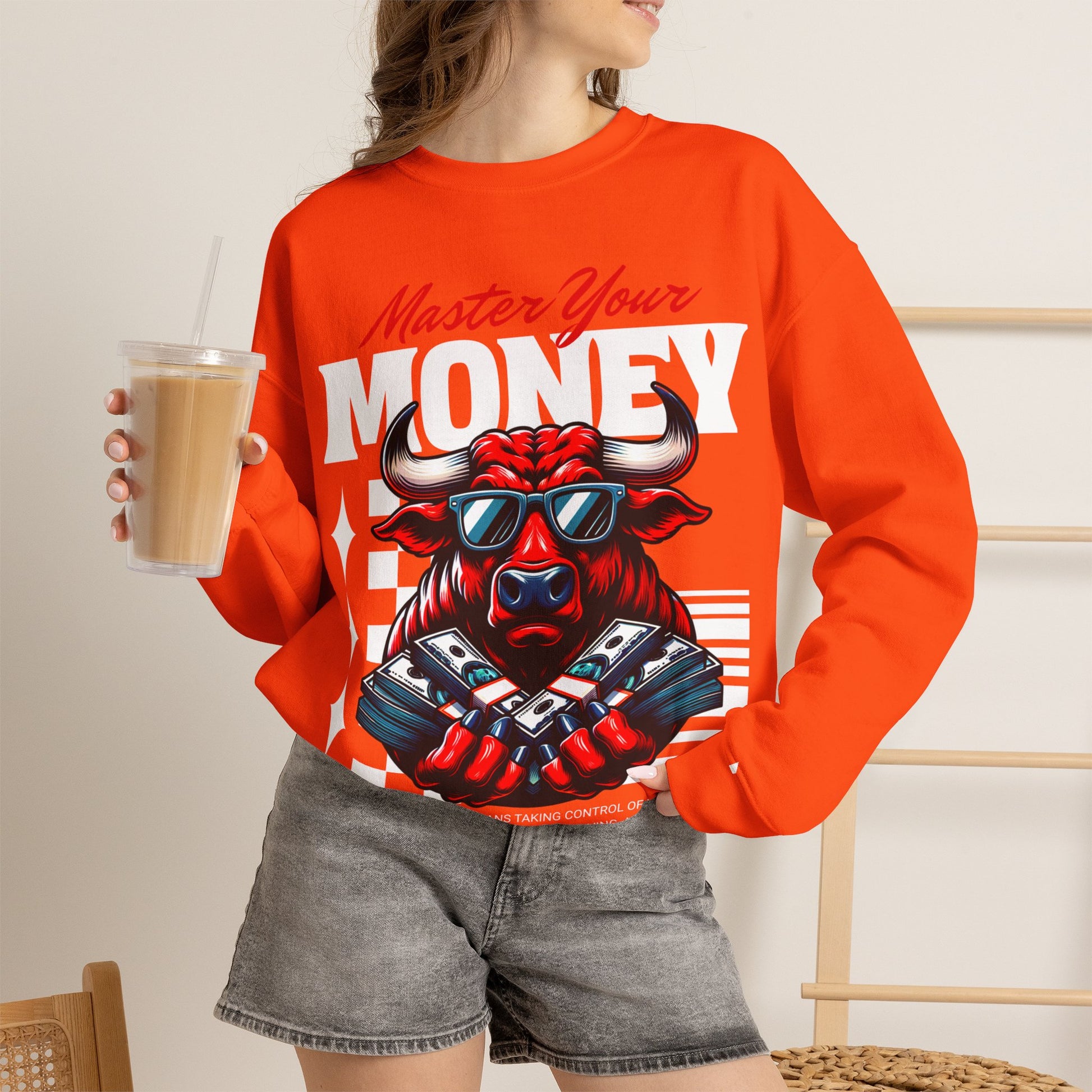 Crewneck Sweatshirt — "Master Your Money" Bull Design, Finance Hustle Graphic