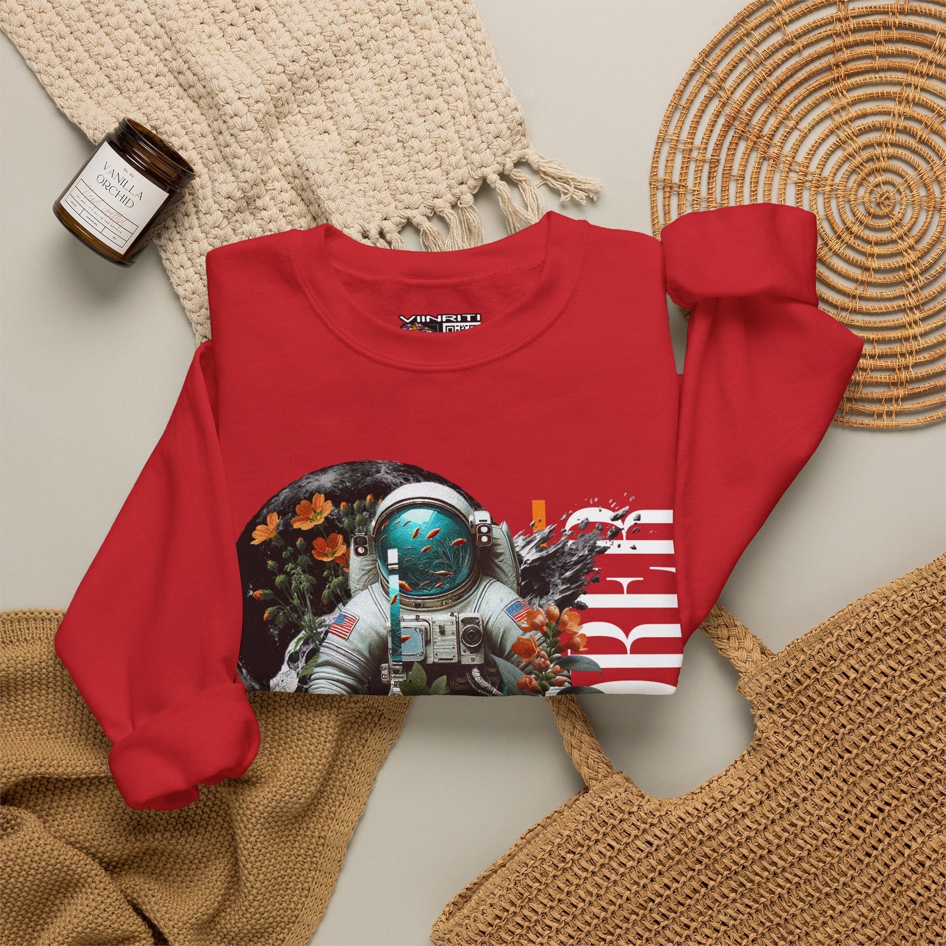 Astronaut Floral Crewneck Sweatshirt — Space Explorer Graphic Pullover