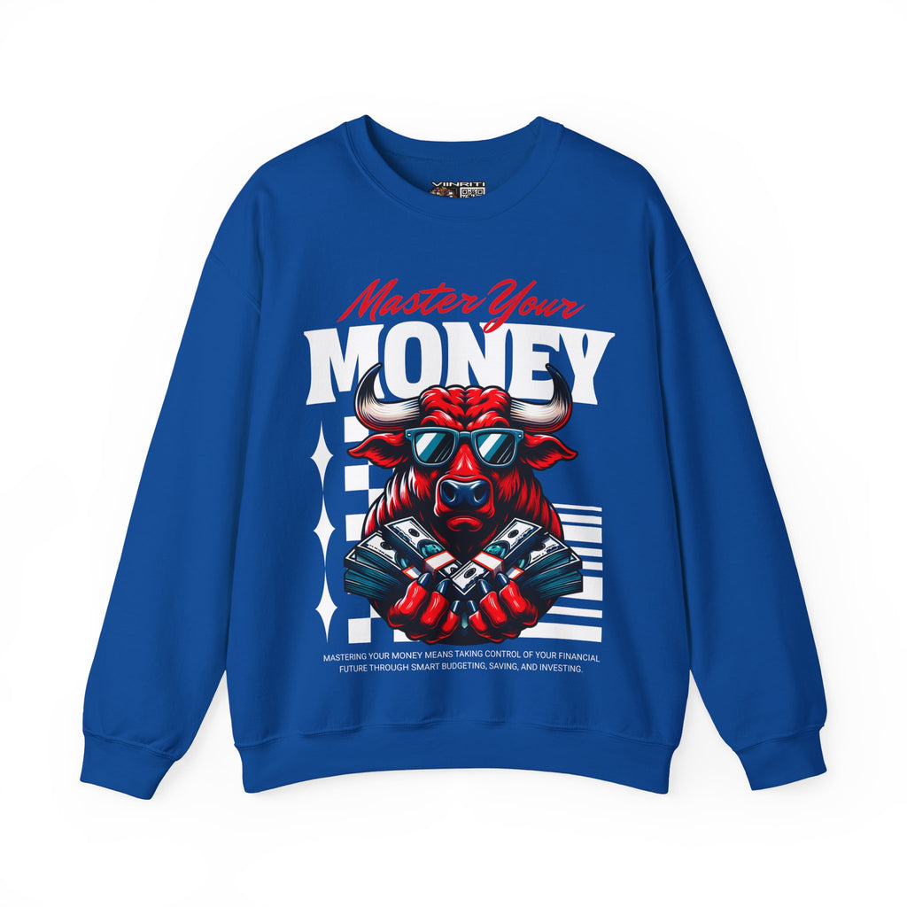 Crewneck Sweatshirt — "Master Your Money" Bull Design, Finance Hustle Graphic