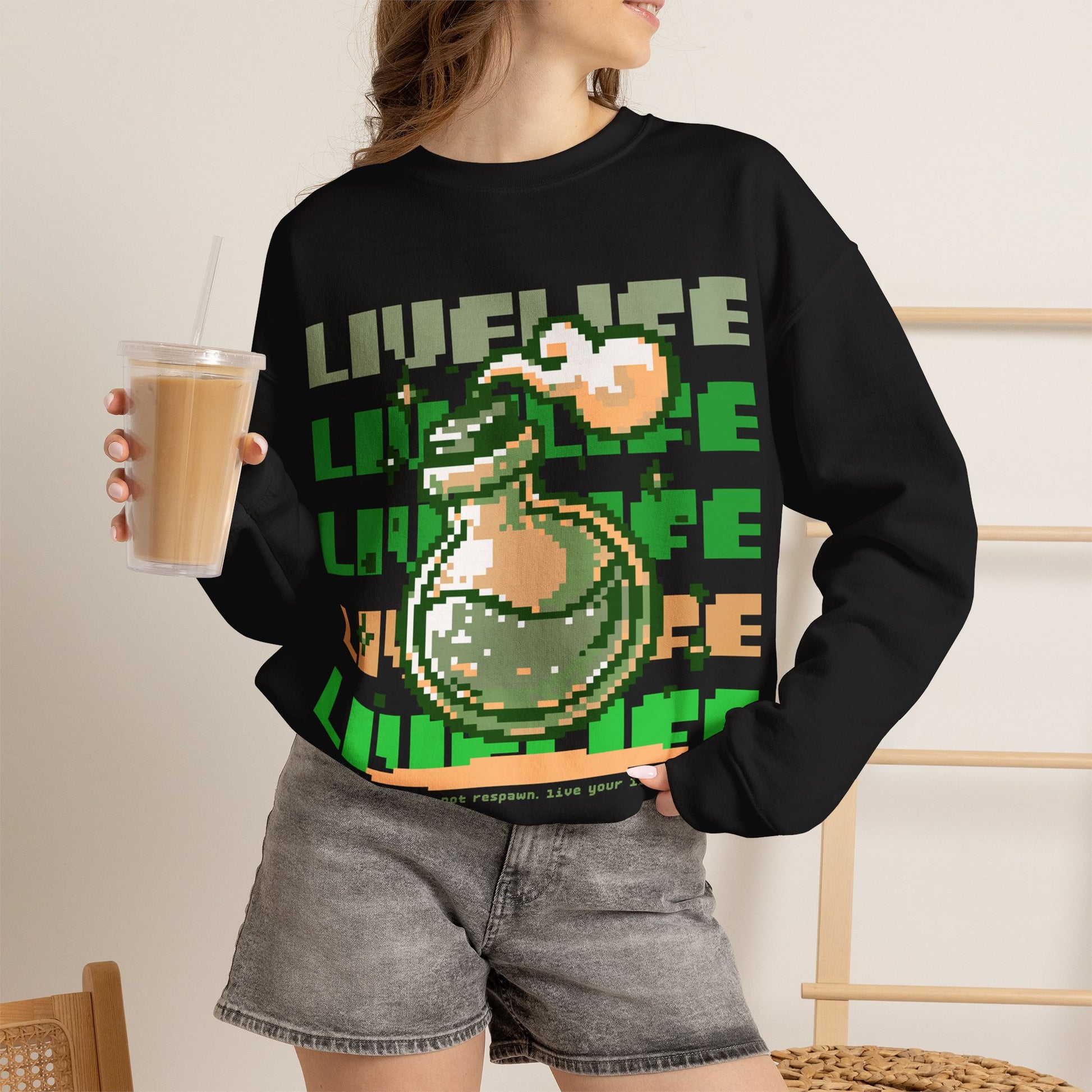 Crewneck Sweatshirt — Pixel Potion 'LIFE' Retro Gaming Graphic