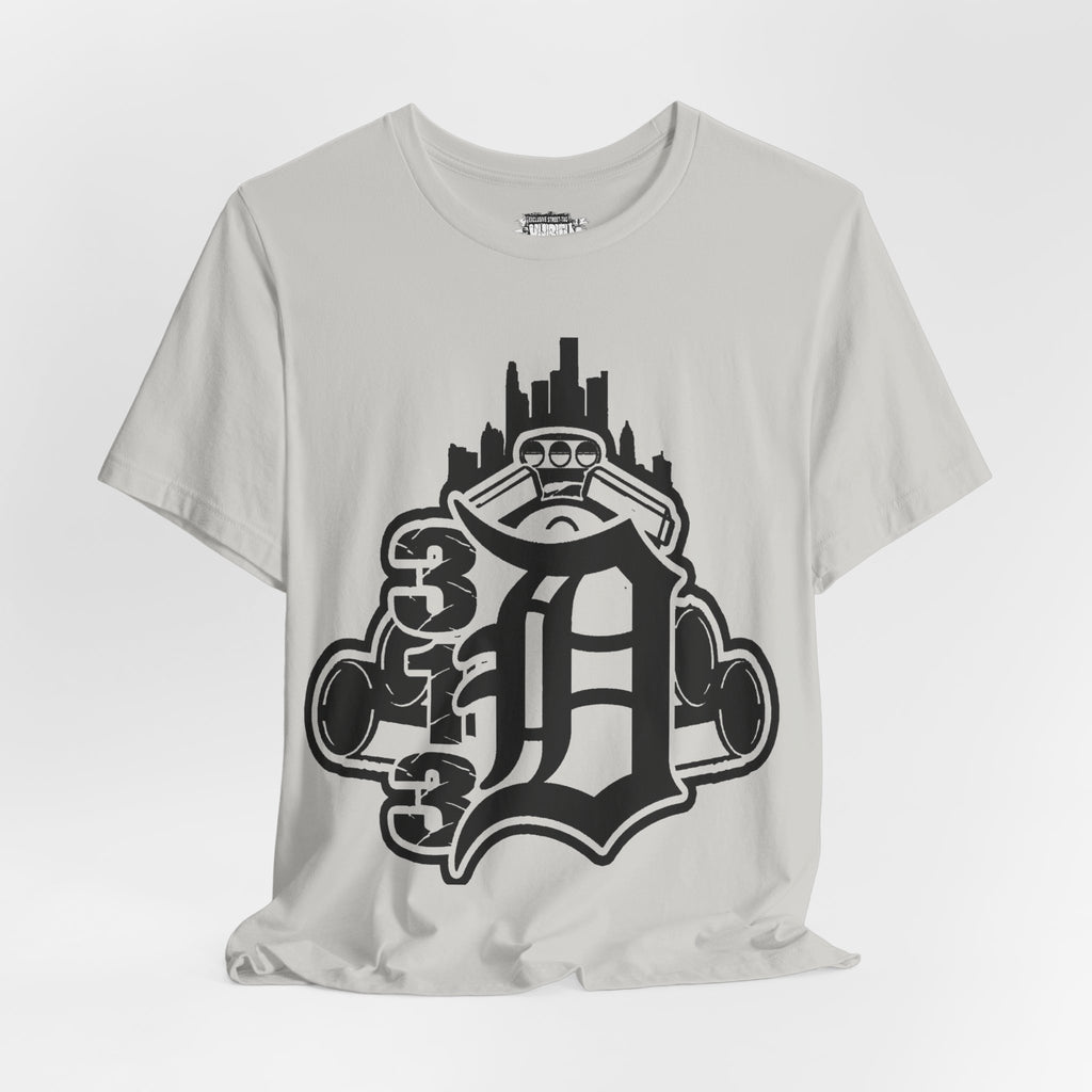 Detroit D Monochrome Tee — City Skyline & Motor Graphic T-Shirt