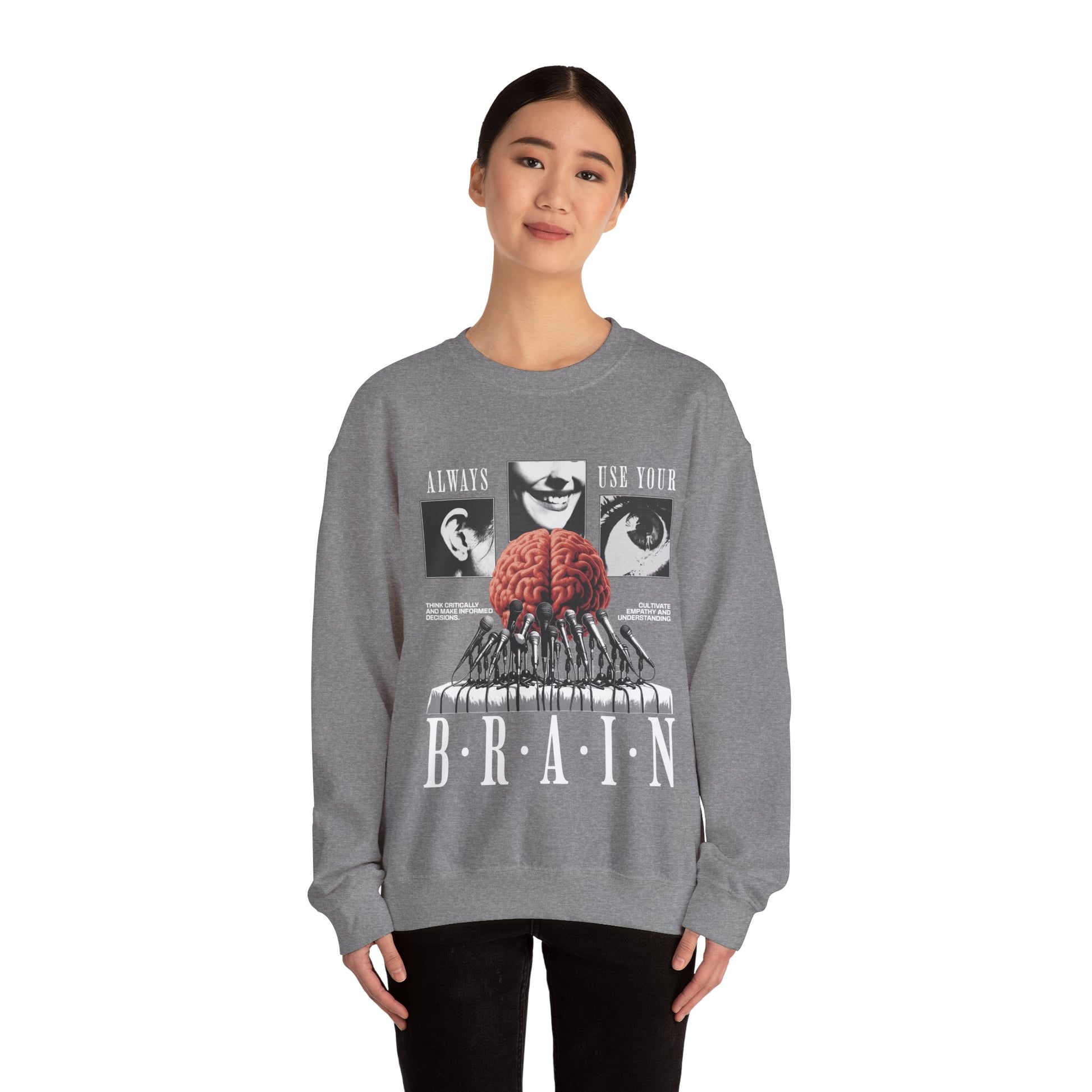 Brain Graphic Crewneck Sweatshirt — "Always Use Your Brain" Vintage Horror Vibe