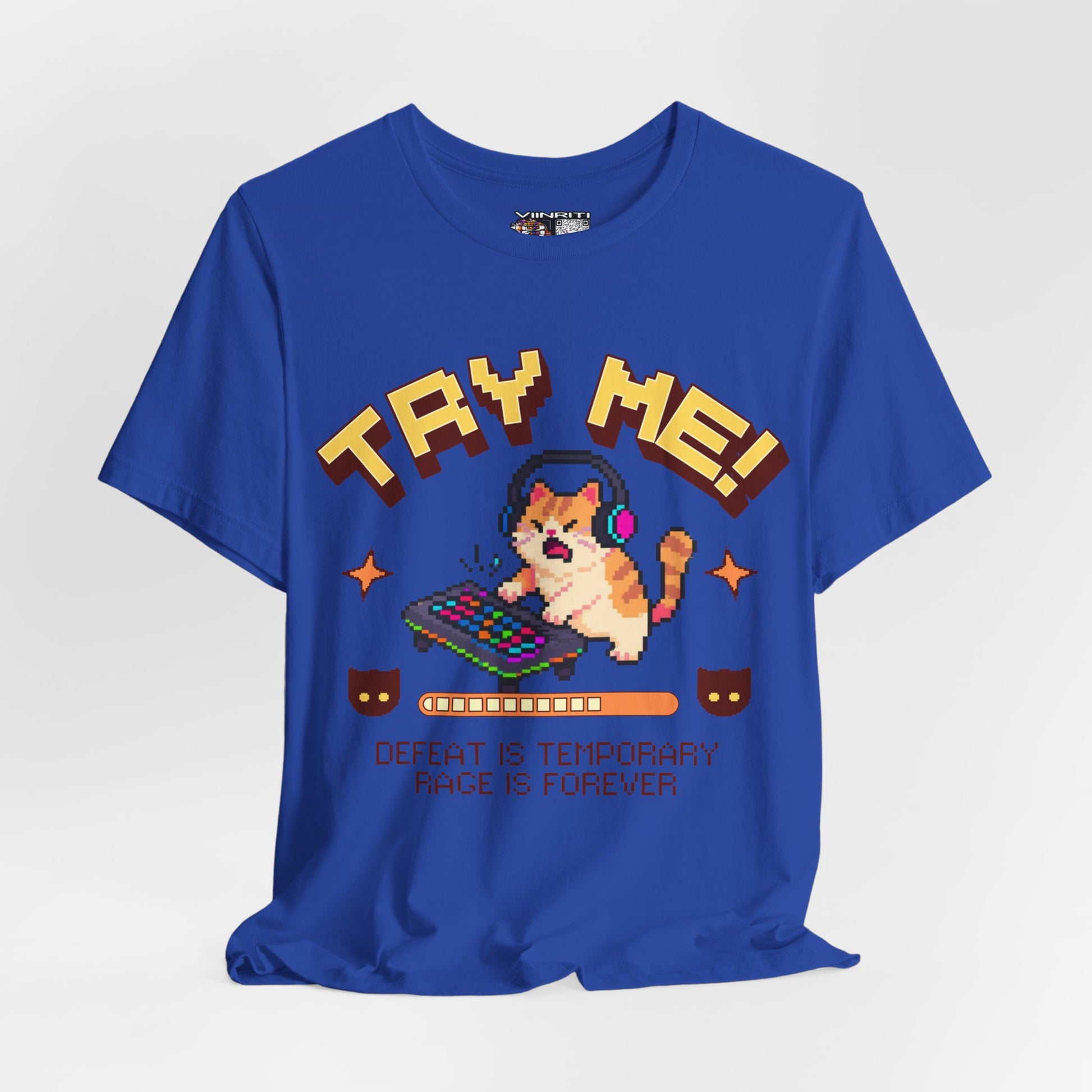 Try Me! Gamer Cat T‑Shirt — "Defeat Is Temporary, Rage Is Forever" Retro Pixel Tee
