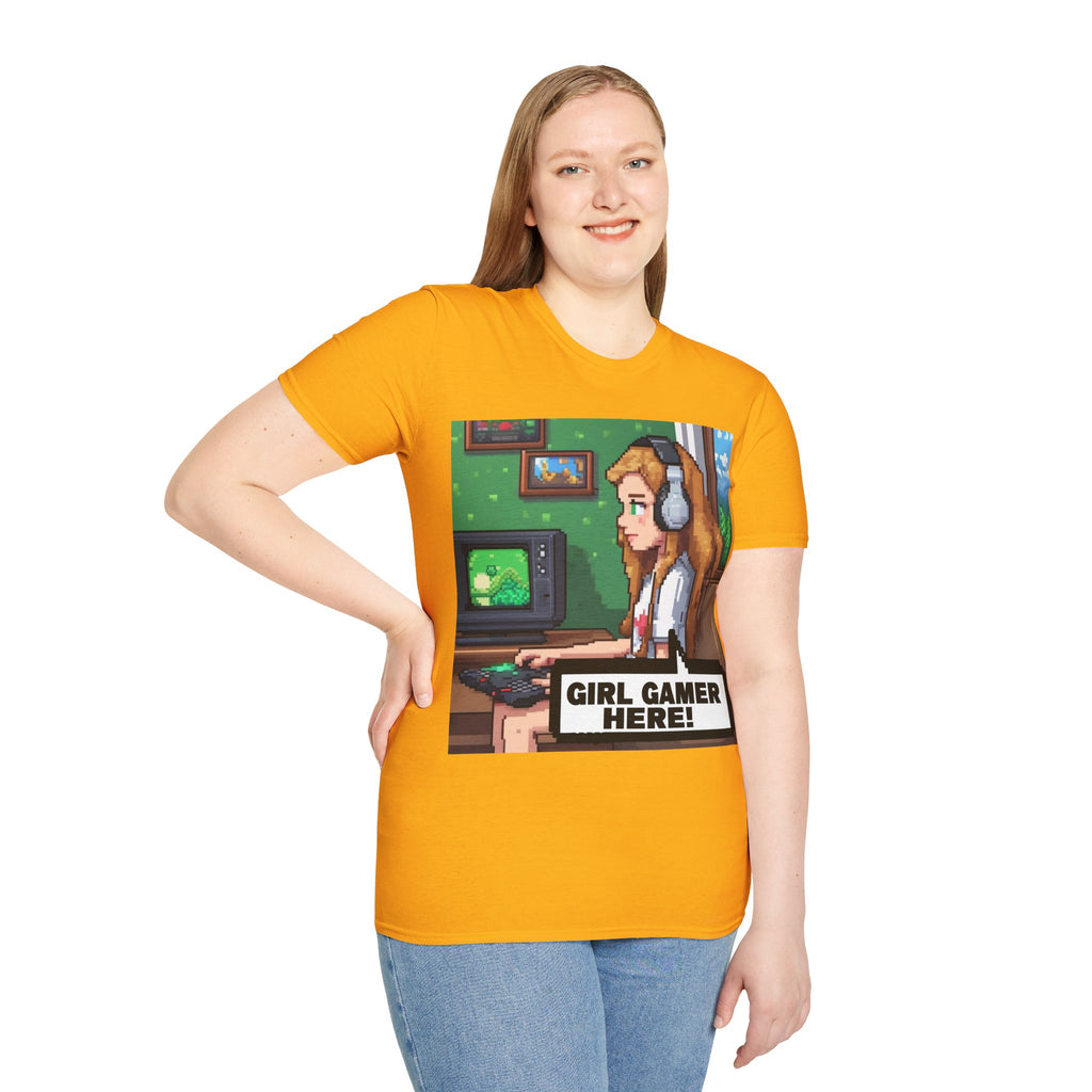 Girl Gamer Here Pixel Art T-Shirt — Retro Gaming Tee for Female Gamers