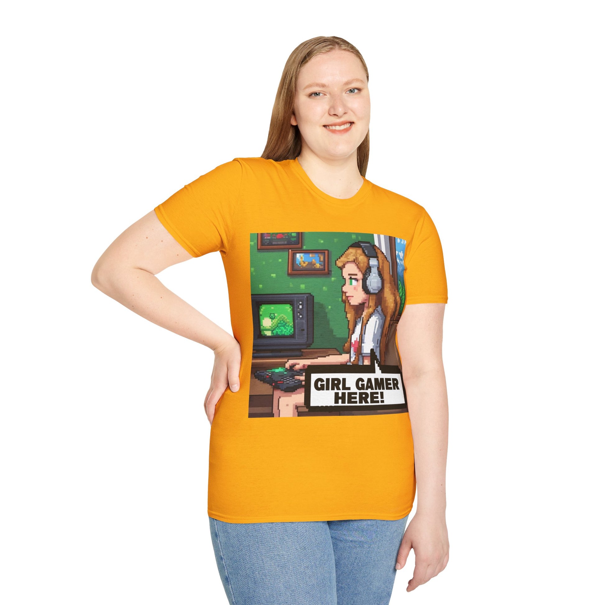 Girl Gamer Here Pixel Art T-Shirt — Retro Gaming Tee for Female Gamers